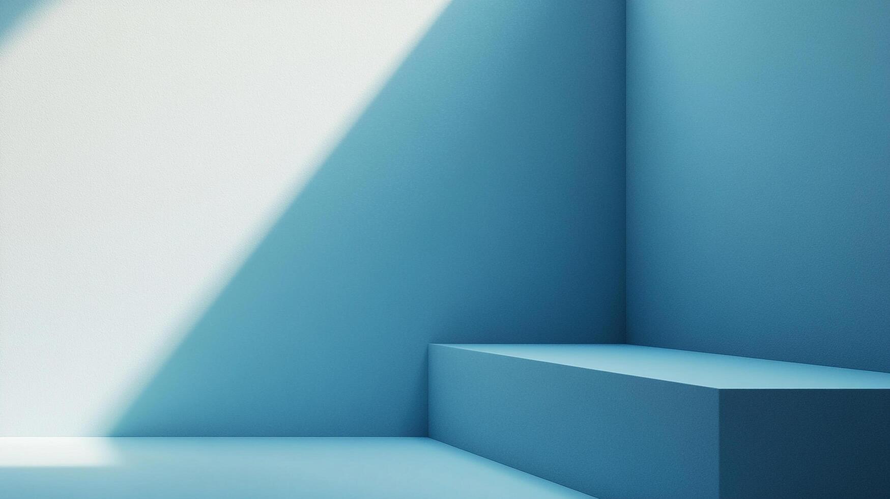 Minimalist blue room with natural light cascading across the walls and geometric platform, creating a tranquil and clean atmosphere. photo