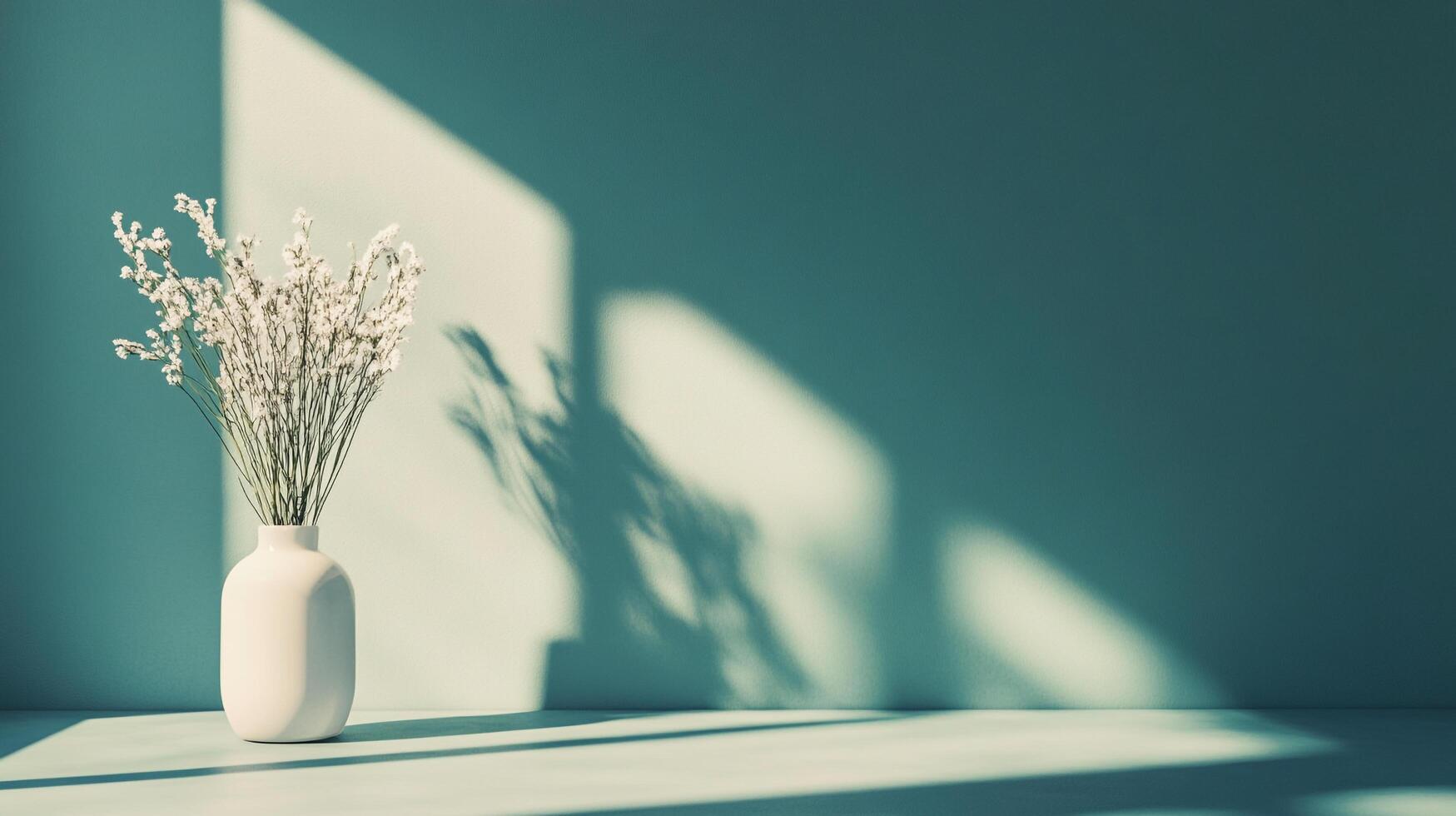 Elegant floral arrangement in a white vase, casting shadows on a teal wall, creating a serene and minimalist aesthetic. photo