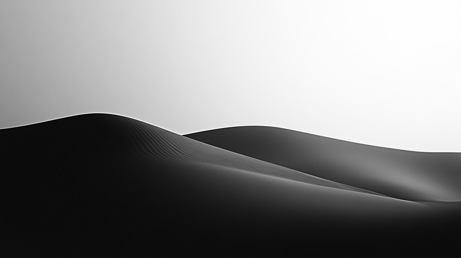 Monochromatic sand dune landscape presents a stark contrast between the dark dunes and the bright sky. The dunes' curves create texture. photo