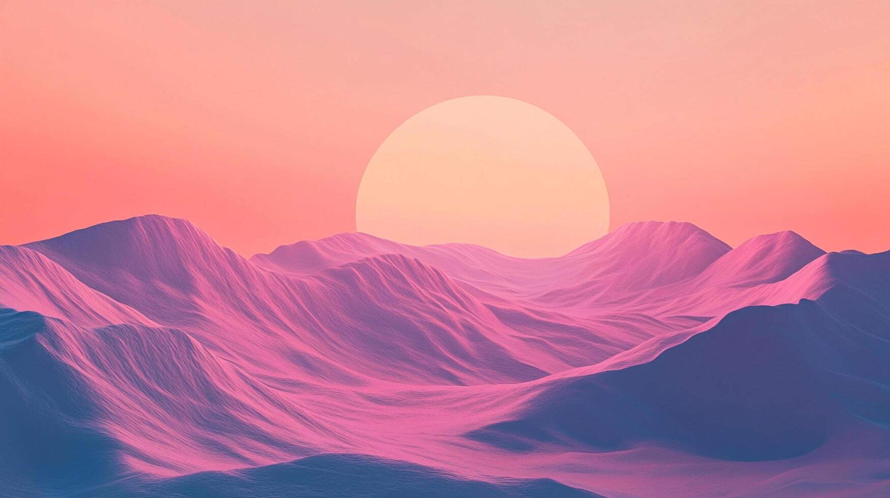 A serene landscape featuring rolling hills bathed in the soft hues of a sunrise, with a large, gentle sun illuminating the horizon. photo