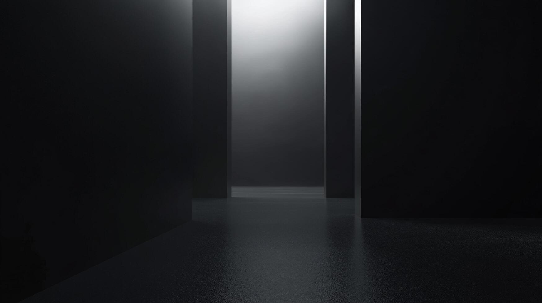 An abstract view of an empty dark corridor, with gray geometric pillars and a glowing entrance creating a mysterious depth effect. photo