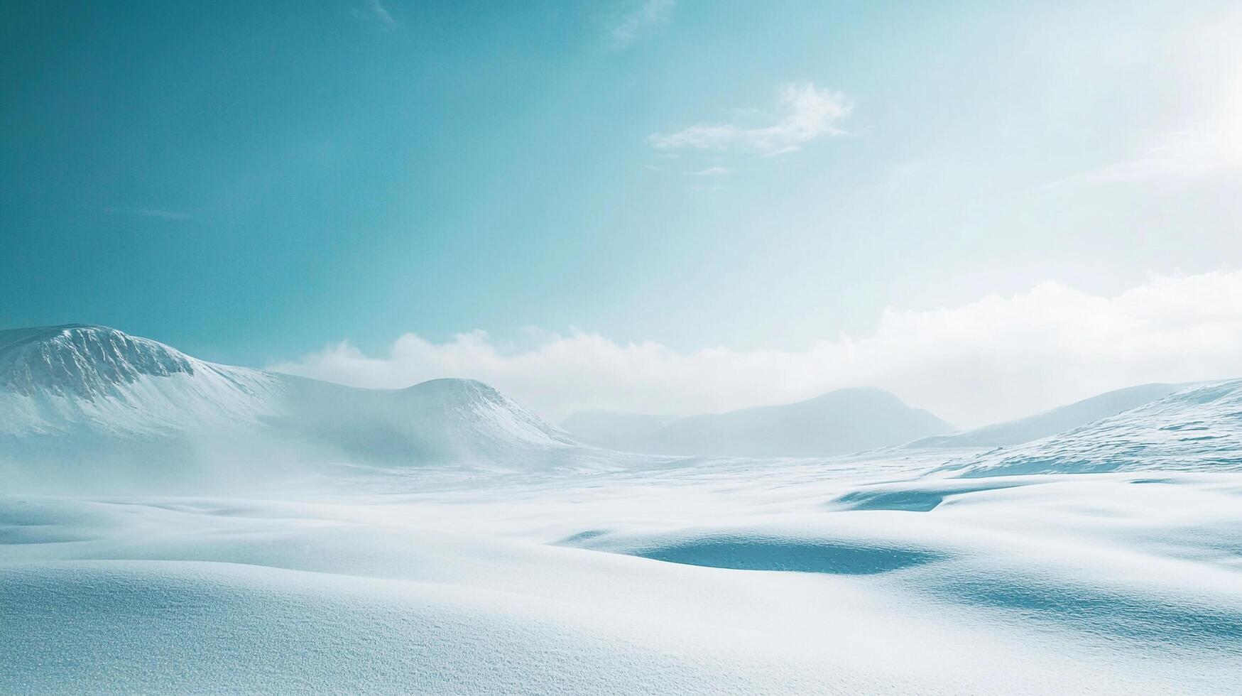 Vast, snowy landscape beneath a bright sky, showcasing a remote, cold environment with undulating hills and distant mountains. photo