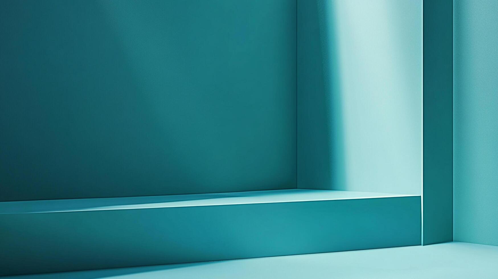 Abstract teal room with light cascading down the corner, casting an intriguing shadow, creating a serene and contemporary ambiance. photo