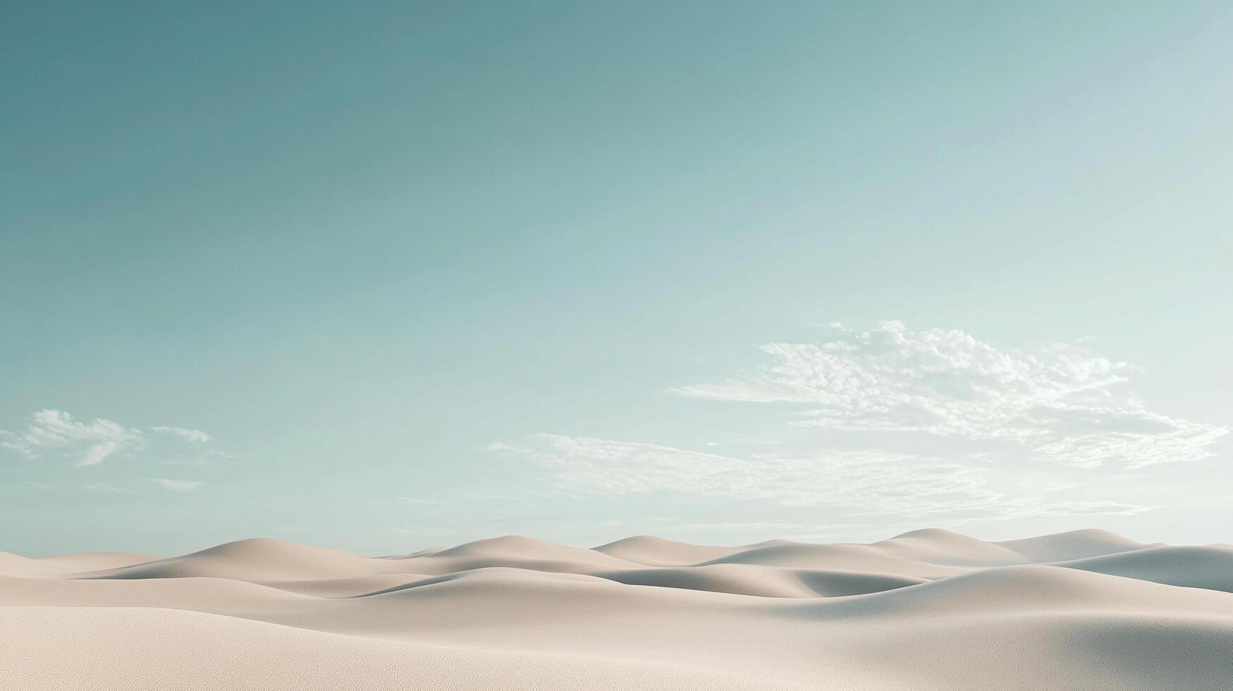 Vast desert landscape, undulating white sand dunes under a clear sky with a few wispy clouds, a peaceful and serene scene. photo