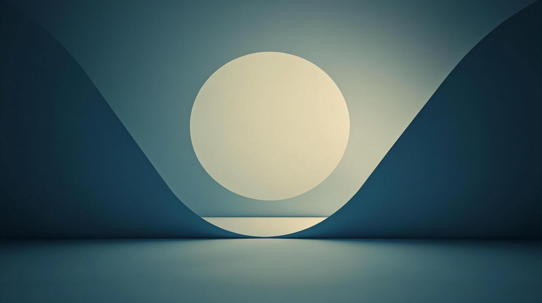 Minimalist moonscape scene with a glowing circle, curved blue shapes, and serene atmosphere, creating a sense of calm simplicity. photo