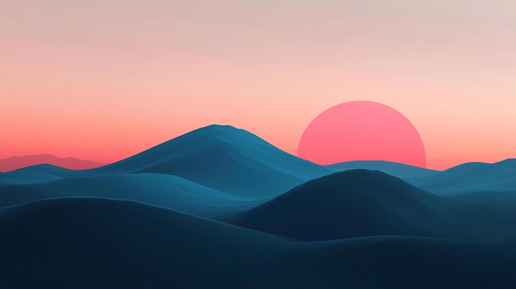 Minimalist landscape featuring rolling blue hills under a pastel sky, with a large pink sun setting peacefully on the horizon. photo