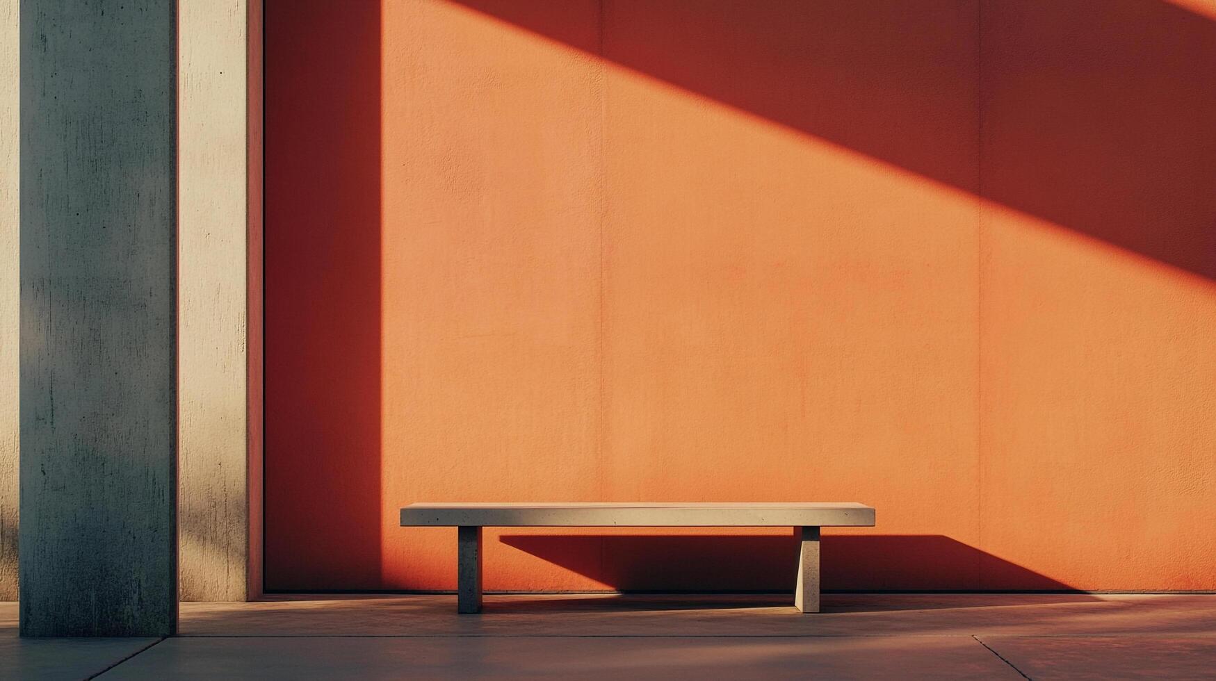 Minimalist scene featuring a simple bench against a bright orange wall with stark shadows and a concrete pillar. Clean and serene. photo