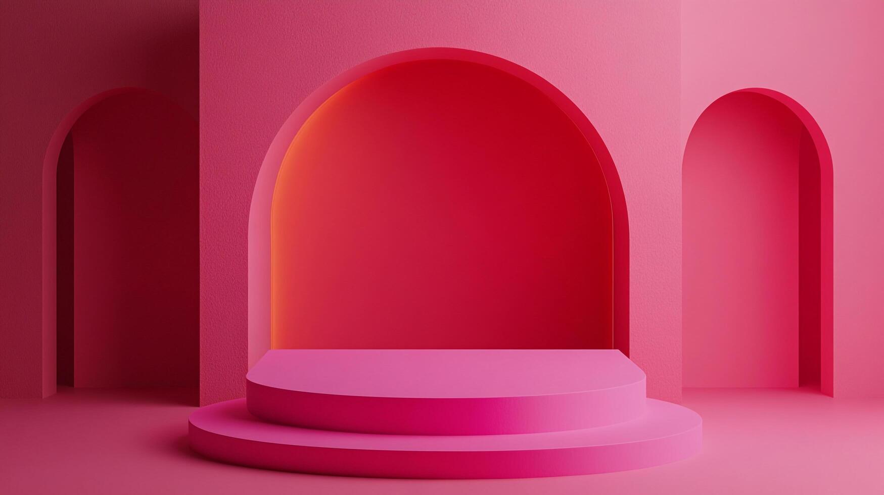 Two-tiered pink platform surrounded by matching arches, creating a modern and minimalist space for product placement or artistic display. photo
