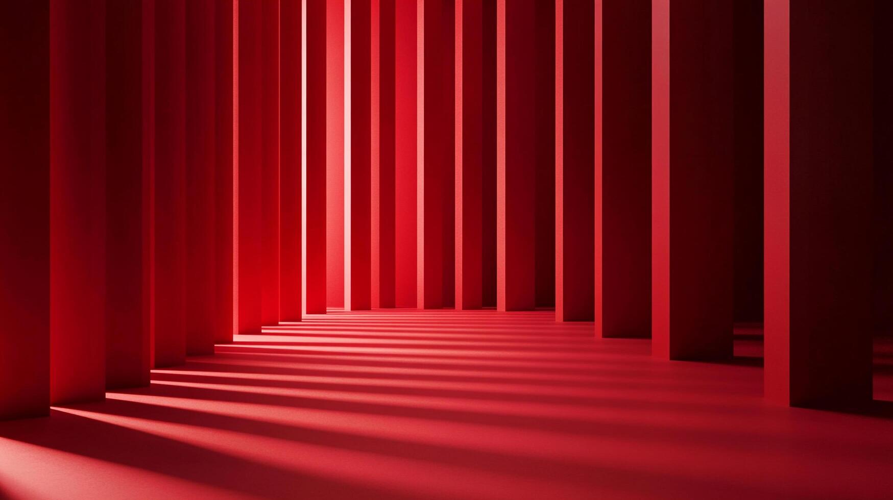A striking architectural arrangement featuring parallel red pillars, casting linear shadows on a matching red surface. Minimalist and bold. photo