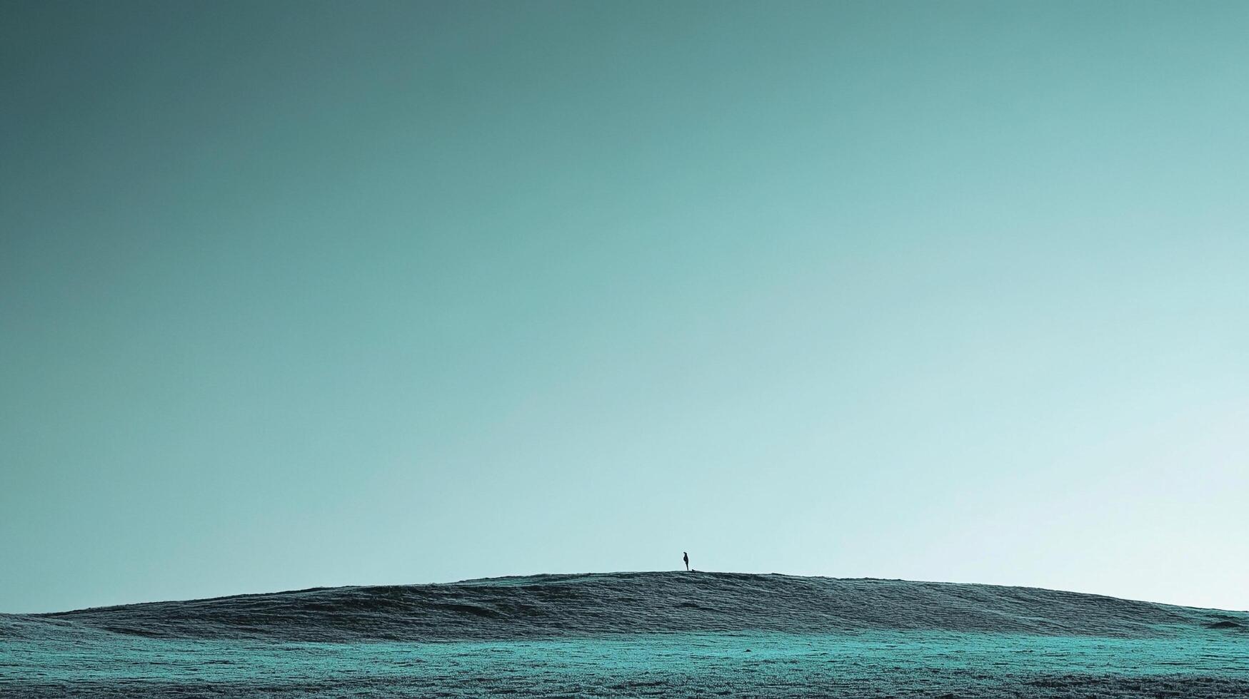 Solitary figure stands atop a grassy hill under a vast, serene sky. A moment of quiet reflection in a wide, open space. Simplicity at its finest. photo