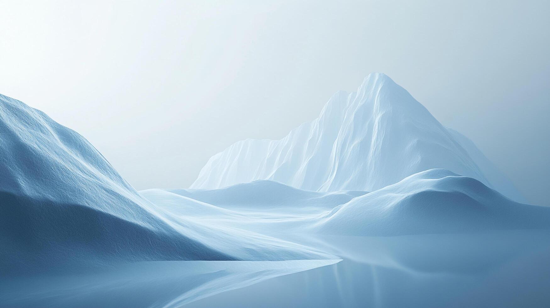 A serene vista unveils snow-draped mountains reflecting in the calm water, under a soft, ethereal light, evoking peace and tranquility. photo