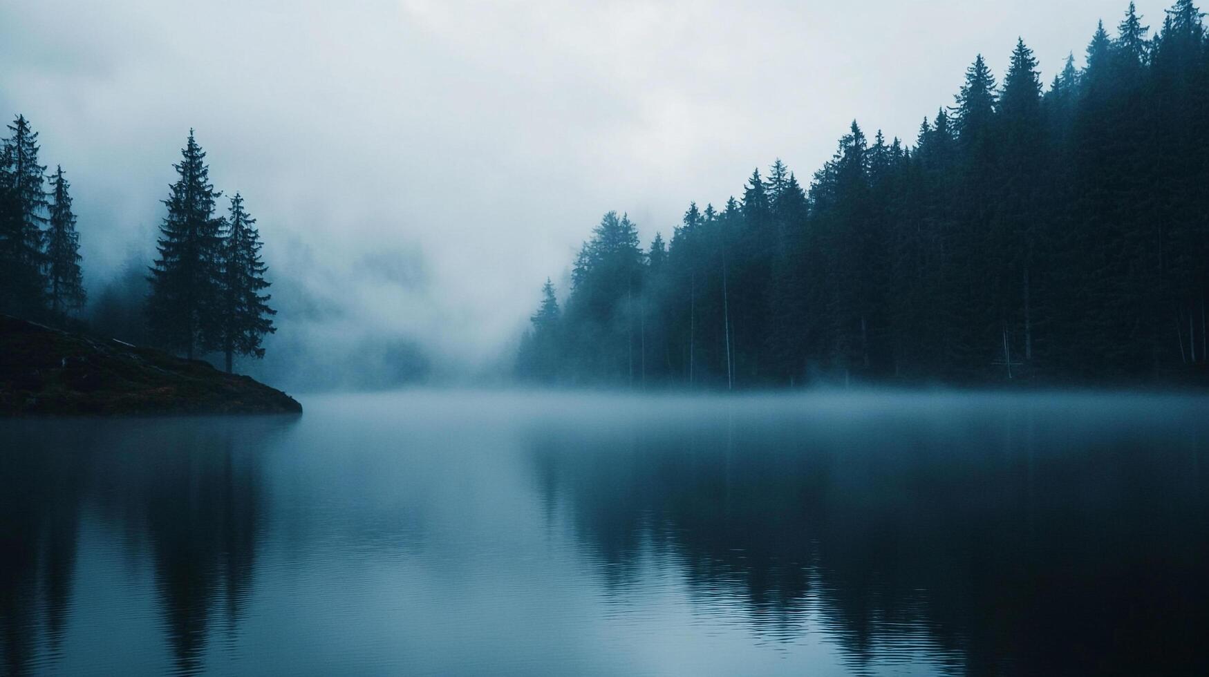 Mystic lake scene. Foggy mountain lake with reflections. Dramatic mood. Forested hills and lake in tranquil scene. photo