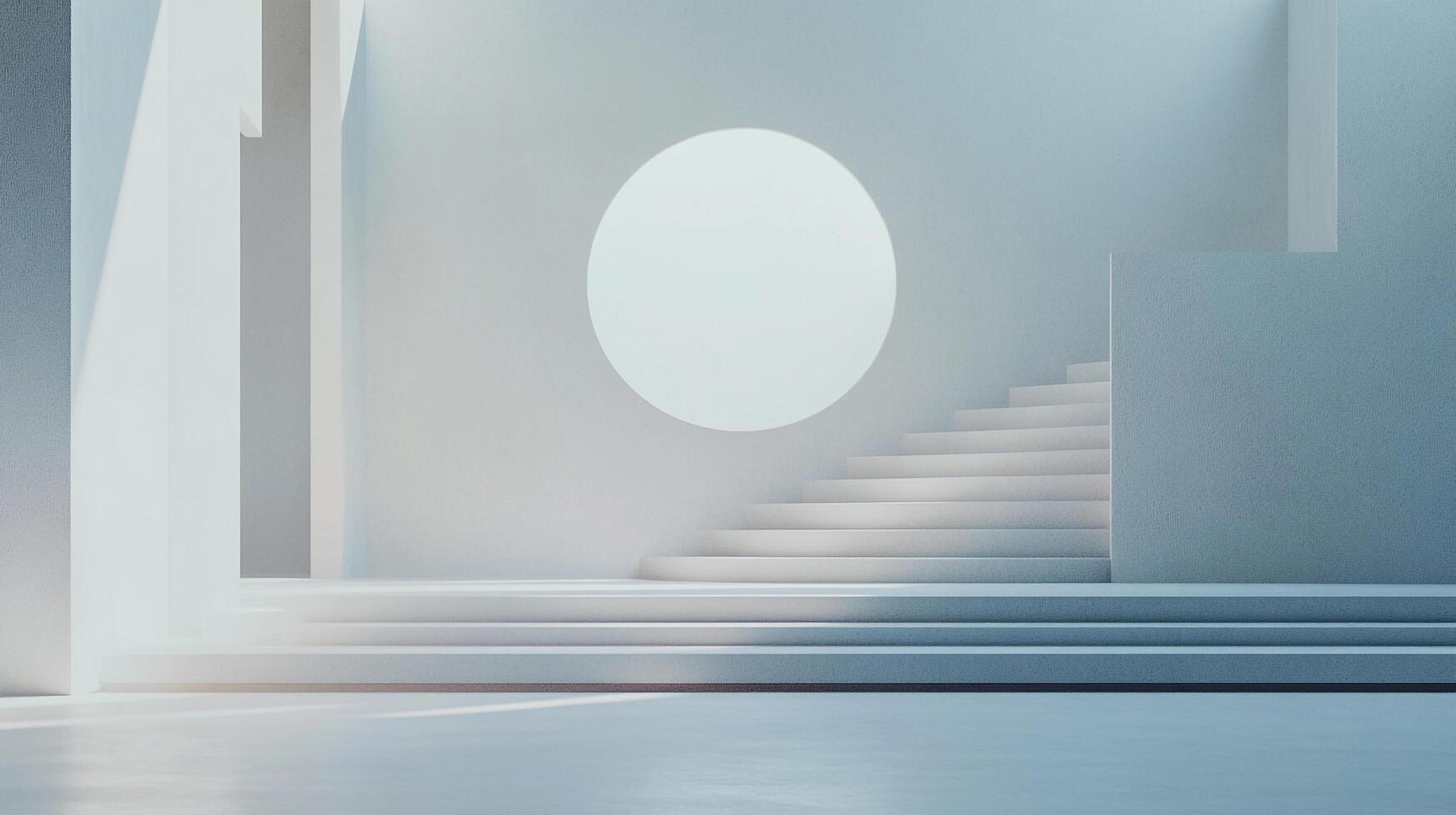A minimalist design showcases stark white geometric shapes, stairs, and a round window, creating a calming, modern architectural image. photo