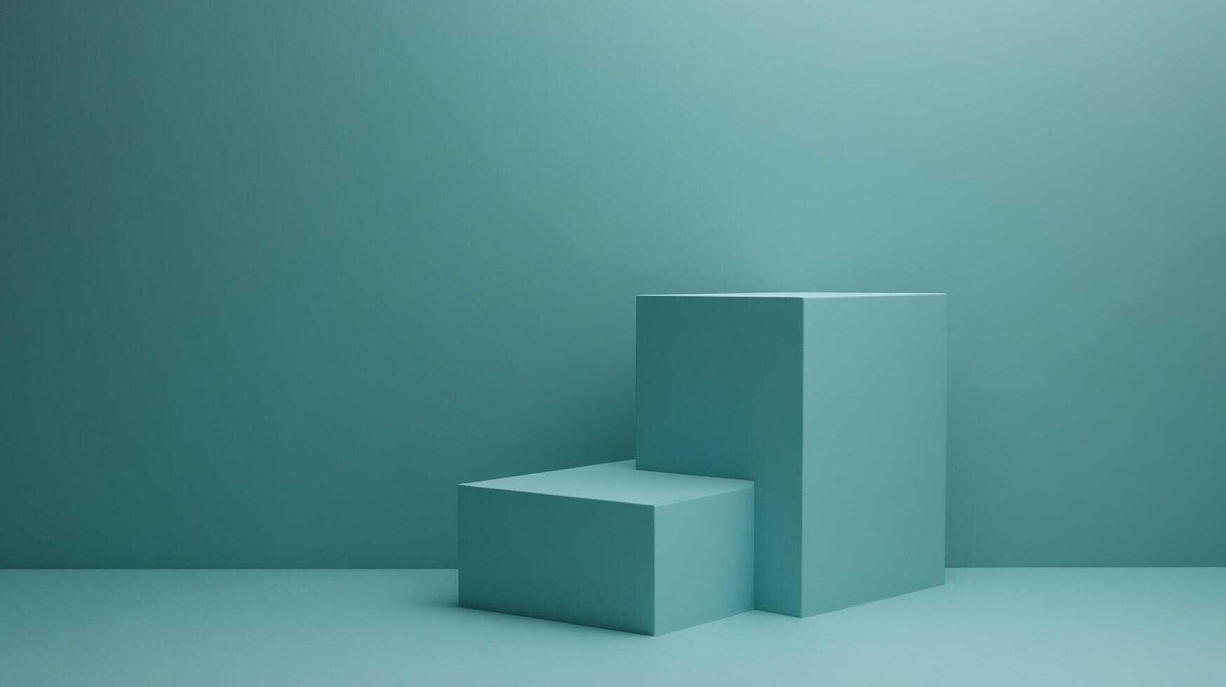 Minimalist geometrical arrangement of teal-colored cubes on a matching plane, ideal for product presentation or abstract design concepts. photo