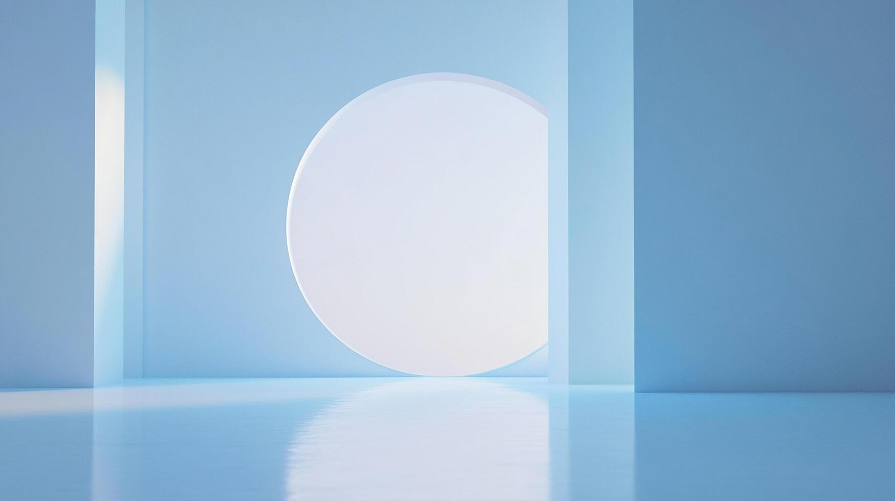 A minimalist, blue-toned scene features a circular window or opening, creating a calming, architectural impression with serene hues. photo