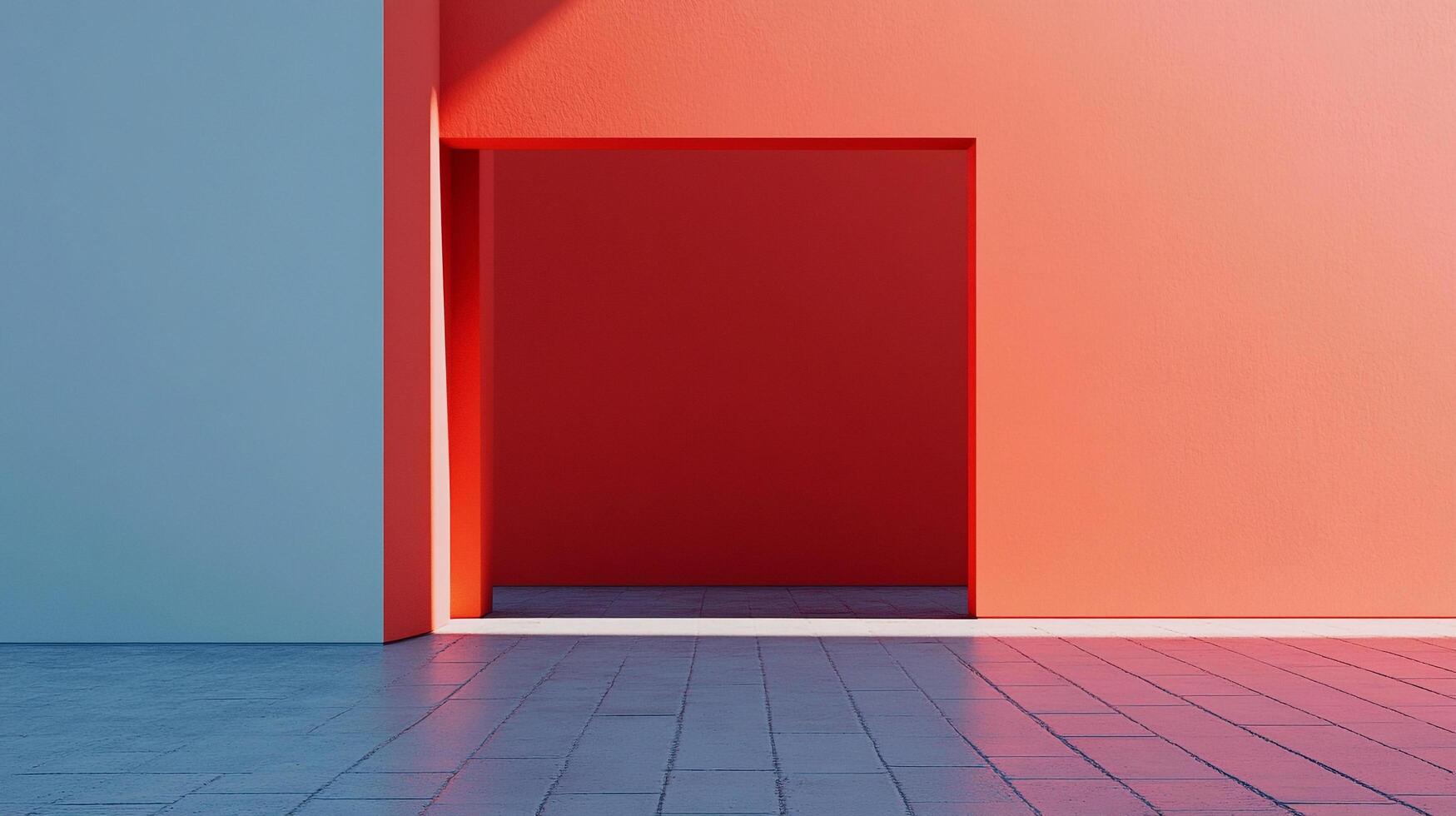 Minimalist architecture features blue and red walls, creating a modern, visually striking space with clean lines and geometric shapes. photo