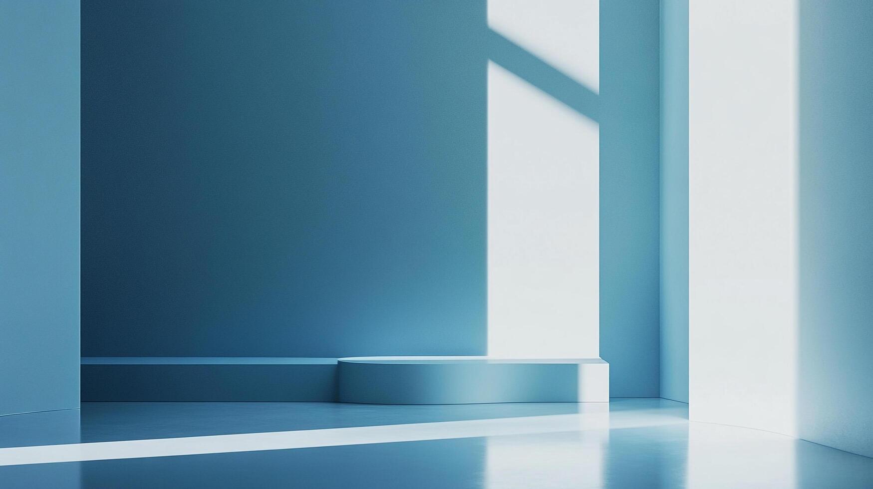 Minimalist studio with soft blue tones and bright light streaming through large windows. A simple stage is set for product placement. photo