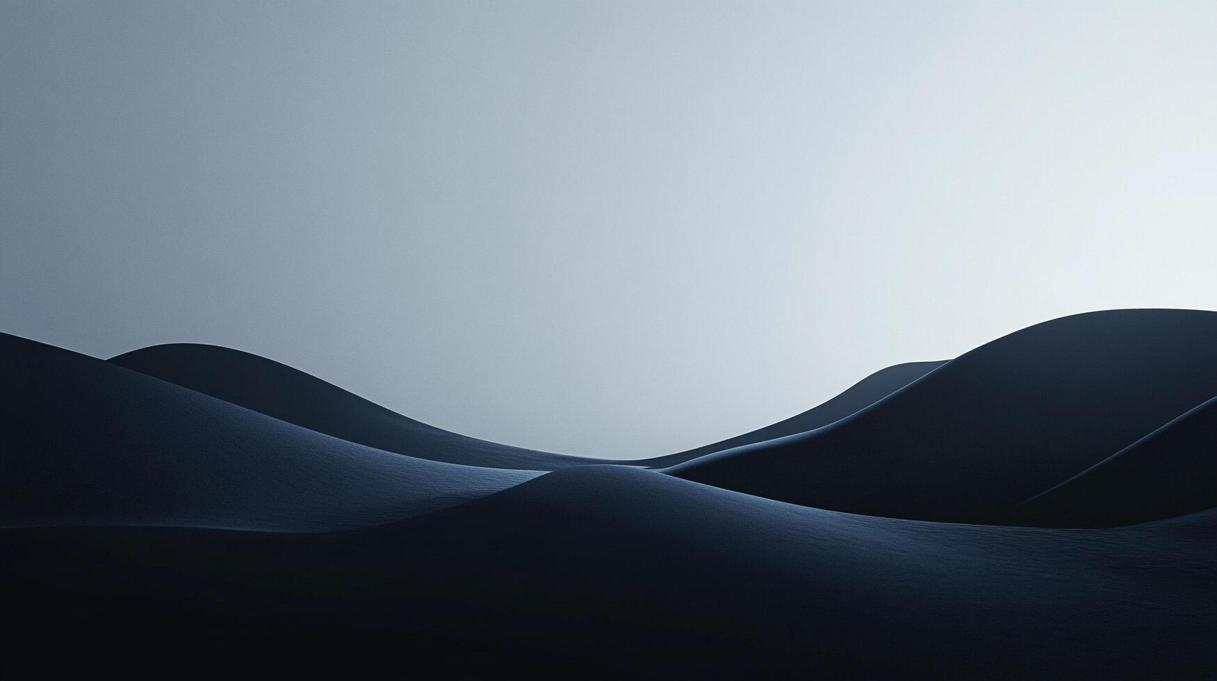 Abstract undulating landscape, with layered blue waves, under a soft grey gradient sky. Dark foreground contrasting with light backdrop. photo