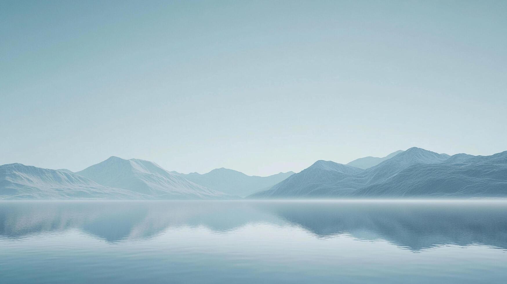Serene mountain range reflecting in calm water under a pale blue sky, evoking peace and tranquility. Horizon blurred by mist, still, idyllic. photo