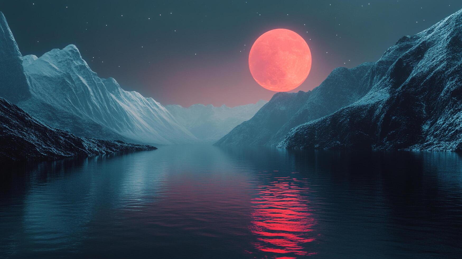 A serene landscape with mountains, still water, and a vibrant, full moon casting a red reflection across the calm lake surface. photo