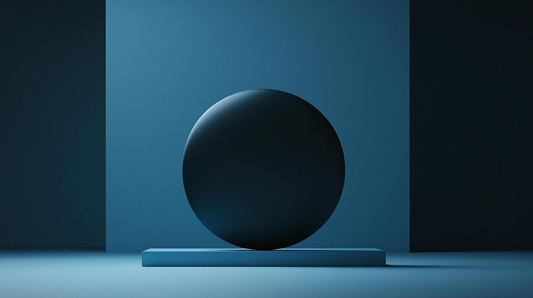 Monochromatic abstract composition featuring a central sphere placed on a platform, set against a backdrop of varying blue tones. photo