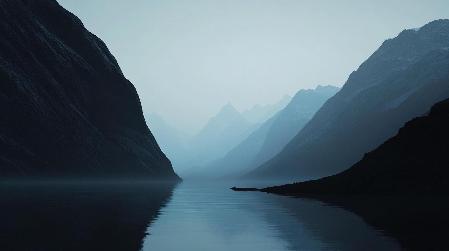 Serene lake mirroring majestic, blue mountains shrouded in a tranquil haze, creating a peaceful and scenic vista. Landscape photography photo