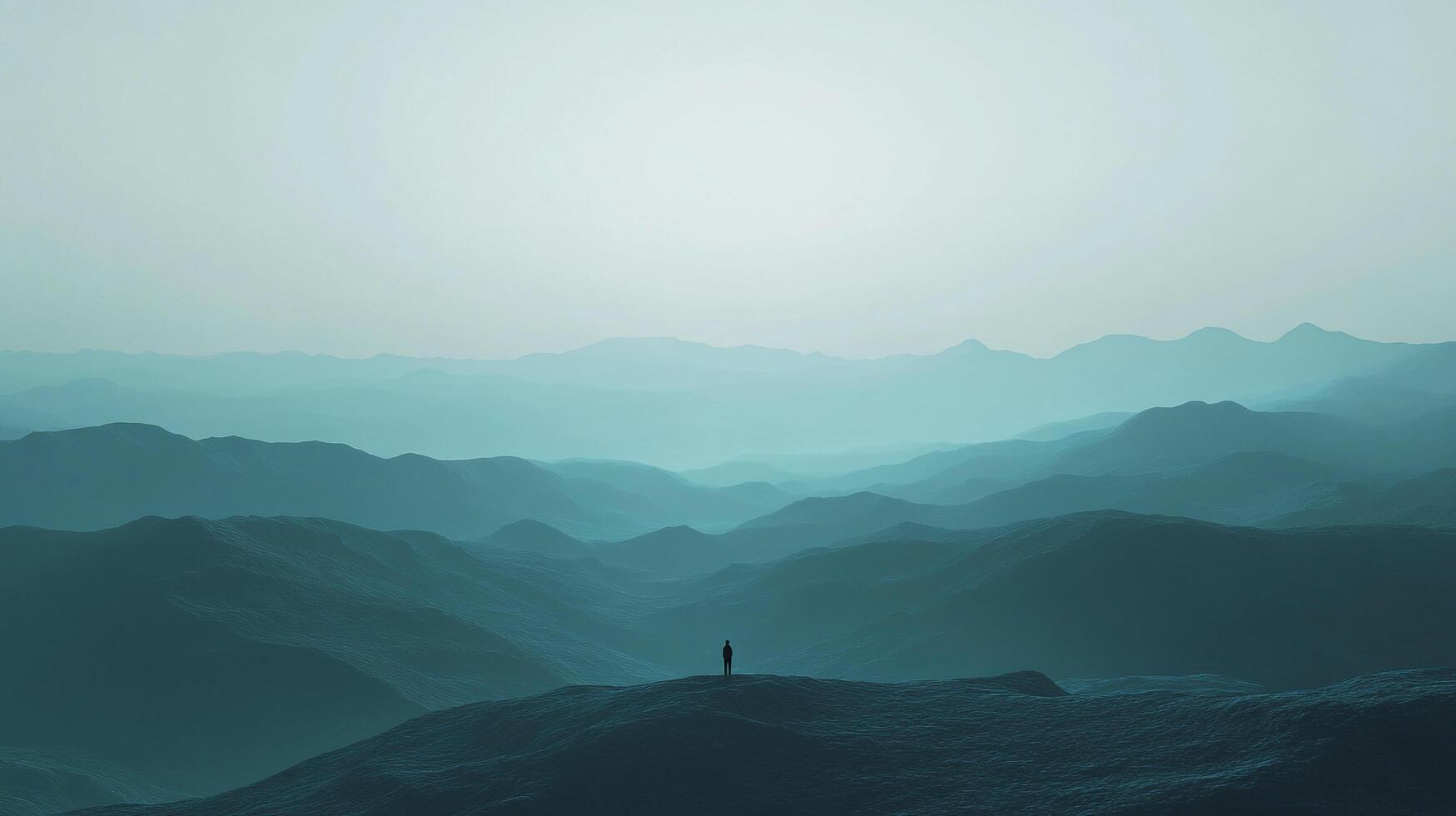 Lone figure atop a hazy mountain, enveloped by a serene landscape. The monochromatic blue hues create a sense of calm and isolation. photo
