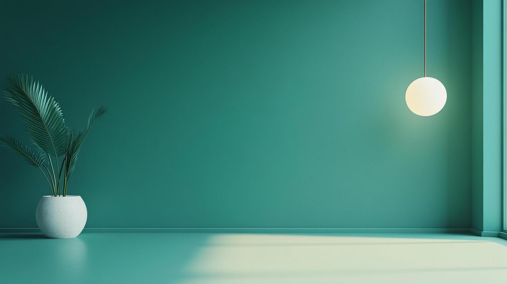 Minimalist teal interior showcasing a potted plant, a spherical lamp, and diffused sunlight, creating a serene and modern atmosphere. photo