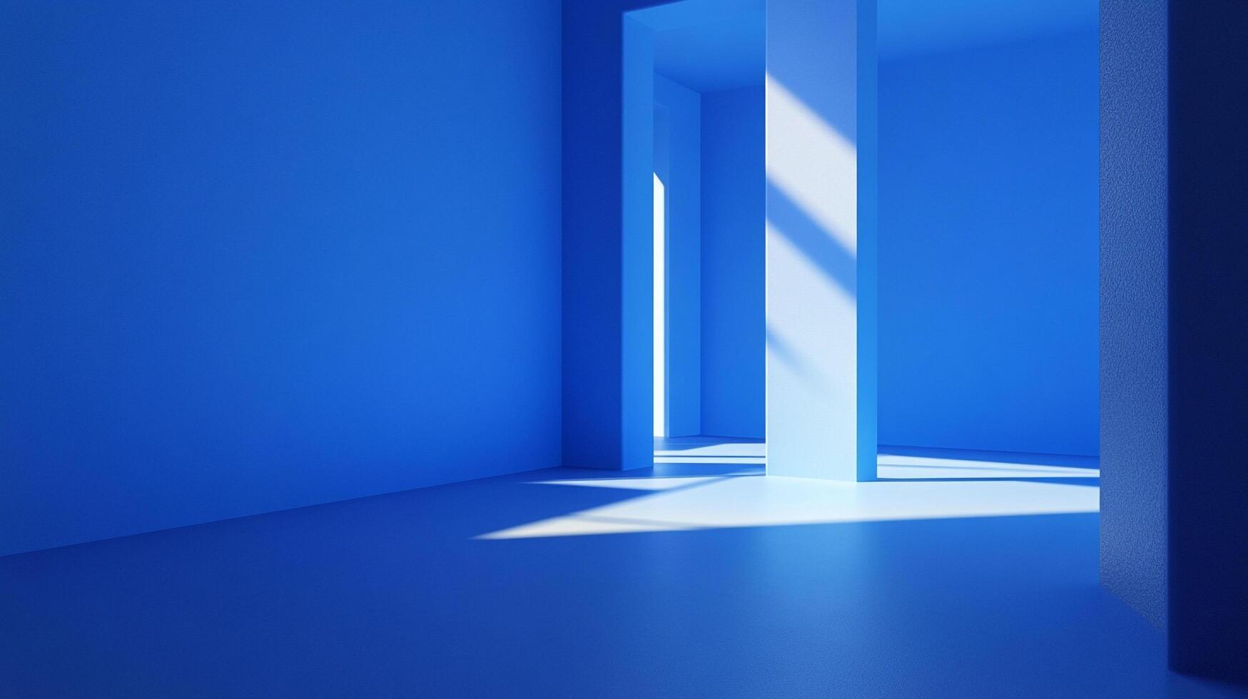 Abstract blue interior with minimalist design, light shafts, and clean lines, creating a modern and serene space with geometric patterns. photo