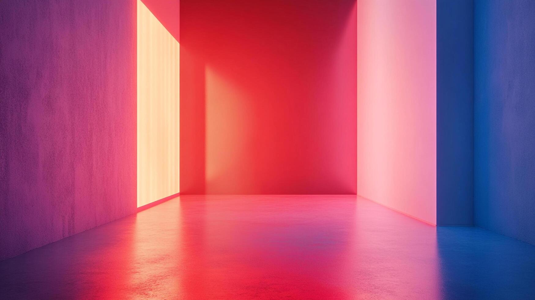 Abstract room bathed in vibrant red, pink, and blue light, creating a modern and surreal atmosphere. Simple color block architecture. photo