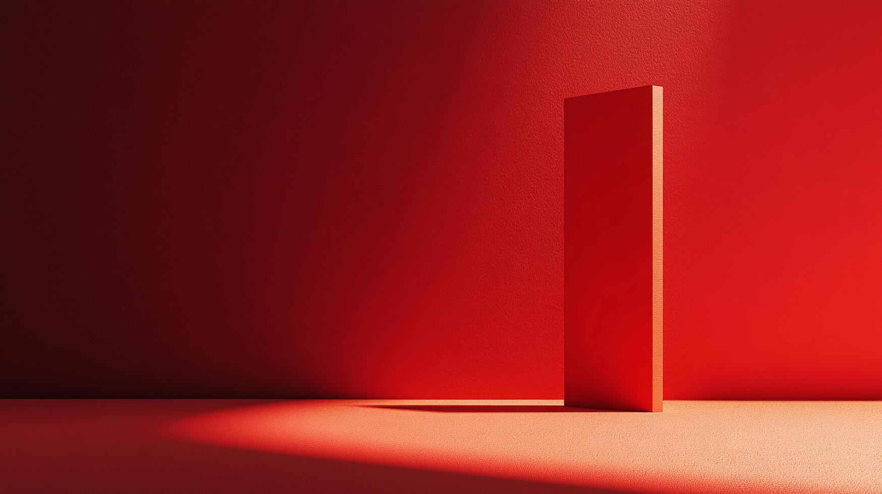 A vibrant red minimalist scene featuring a solid rectangular form against a textured wall, bathed in dramatic lighting and casting strong shadows. photo