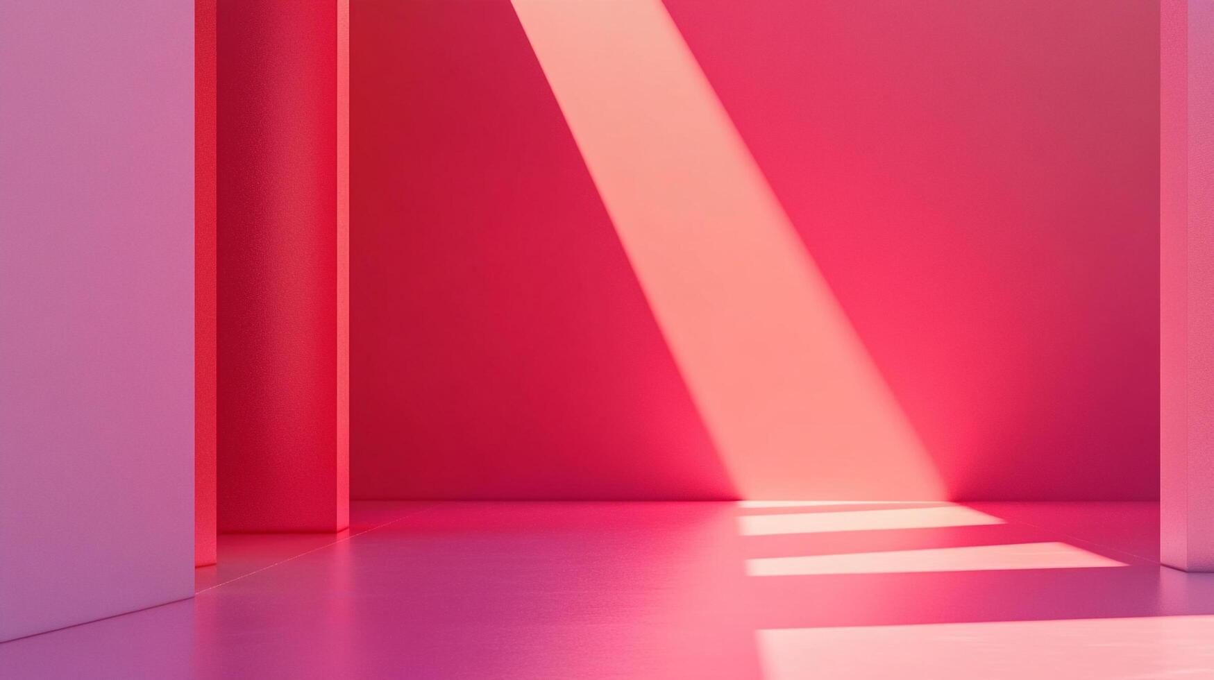 Pink room bathed in sunlight, creating stark shadows and highlights, abstract composition, minimalist aesthetic, warm color palette. photo