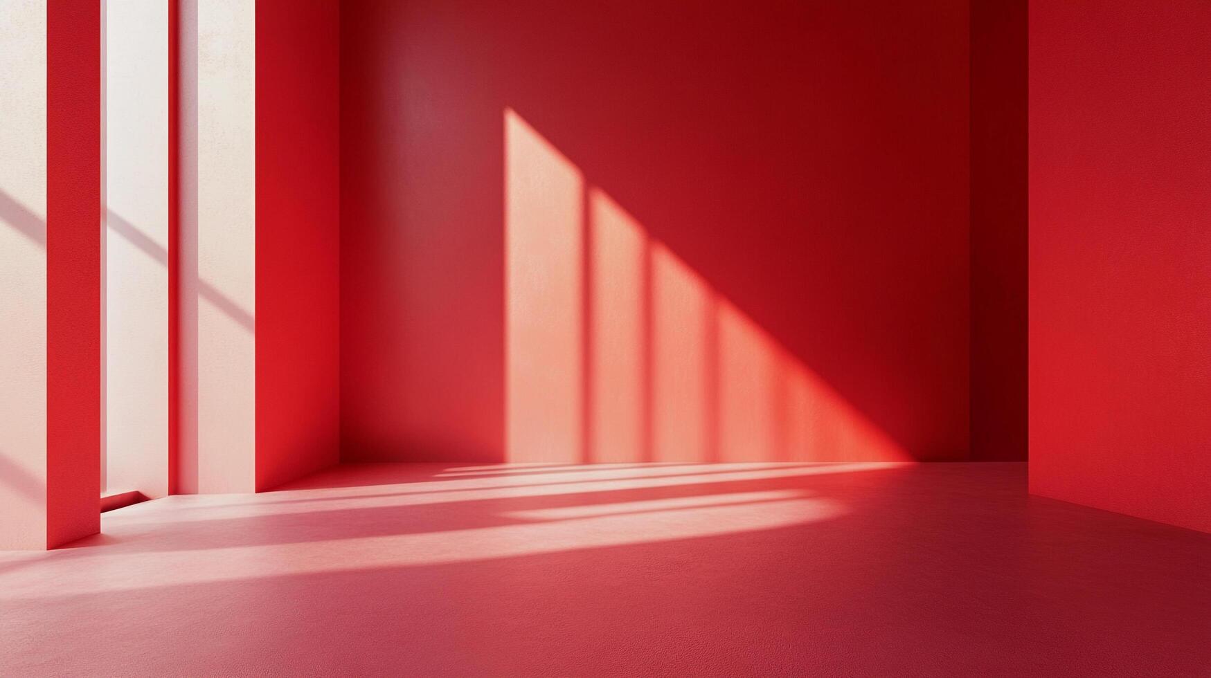 A monochromatic space bathed in warm red tones, featuring light patterns from window illumination and strong architectural geometry. photo