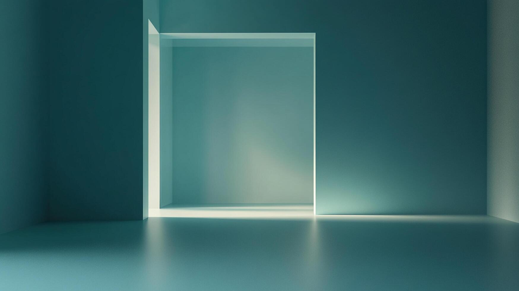 An abstract, minimalist, and architectural interior space in shades of teal, highlighting geometric shapes and soft, natural lighting. photo