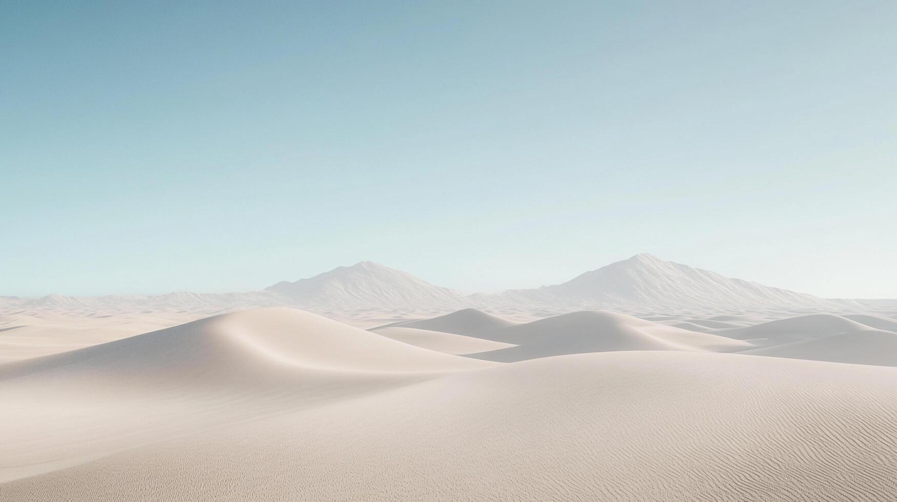 Serene desert vista featuring gently rolling sand dunes under a soft, cloudless sky with mountain silhouettes on the horizon. photo