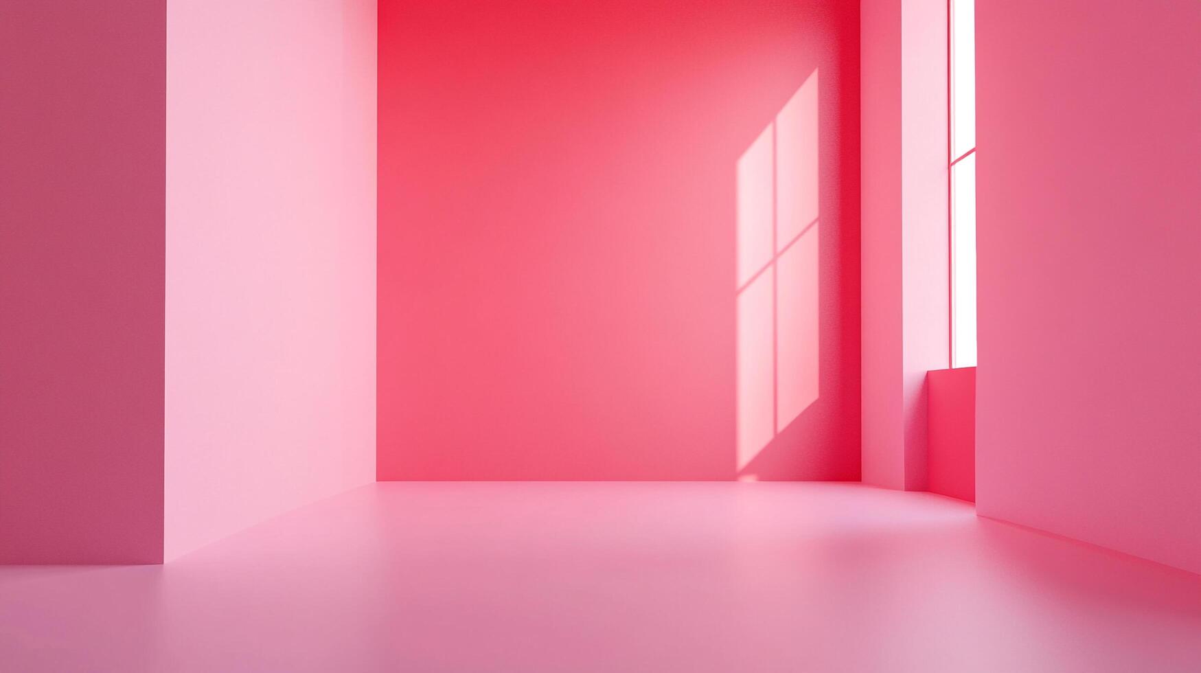 Minimalist room bathed in pink with natural light streaming through a window, creating soft shadows and a serene ambiance. photo