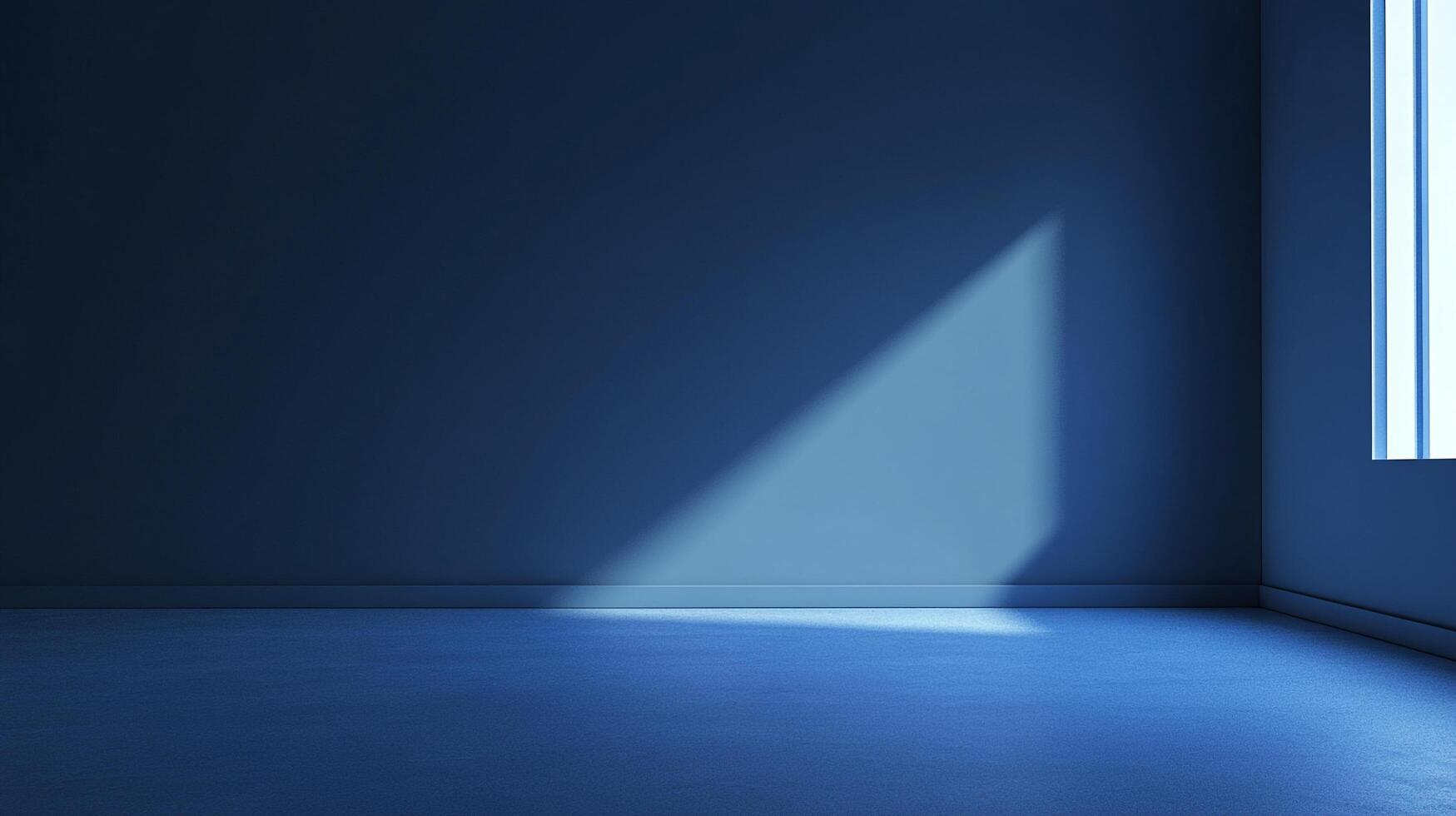A minimalist room corner is illuminated by natural light streaming in from the window, creating a stark contrast between light and shadow. photo