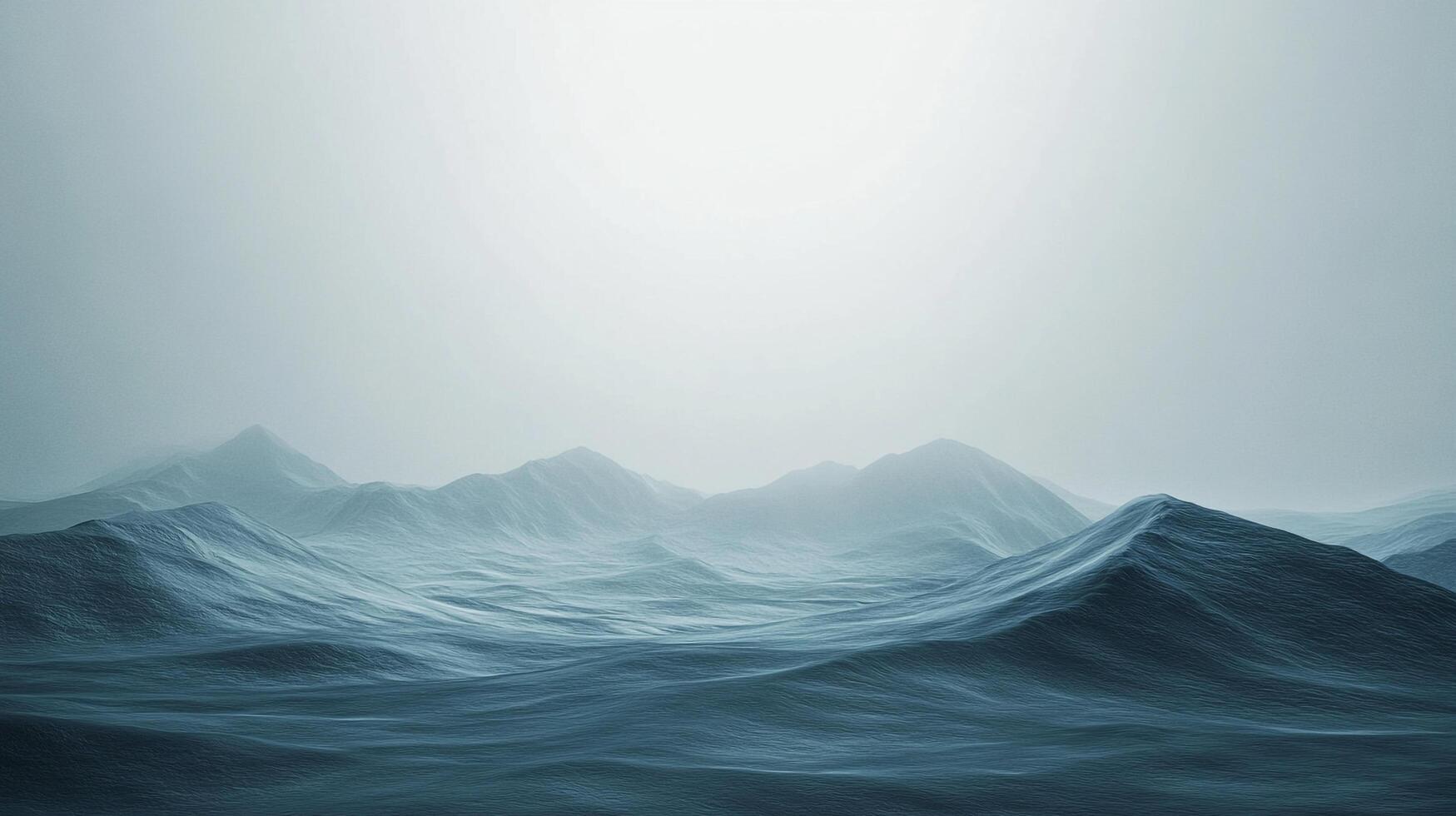 Misty mountains rise from a churning sea, shrouded in a pale fog, creating a dramatic landscape of nature's majestic power and beauty. photo