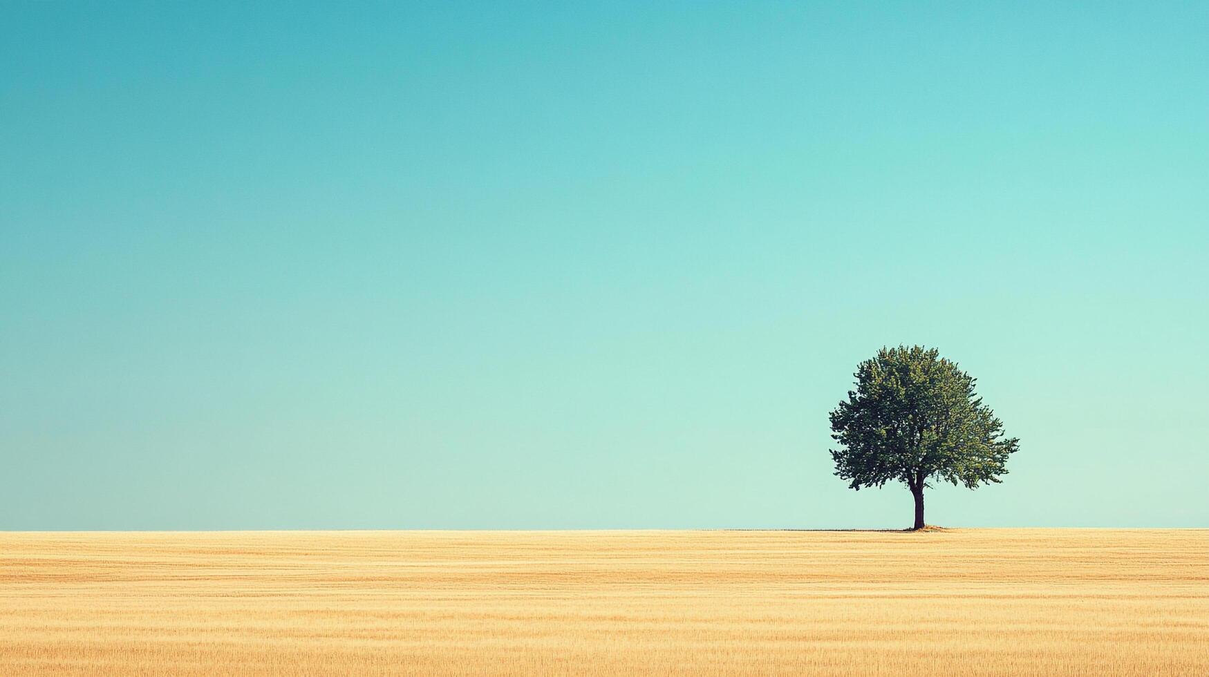 Lone tree stands tall against a clear blue sky in a field of golden wheat, creating a peaceful and serene landscape. photo