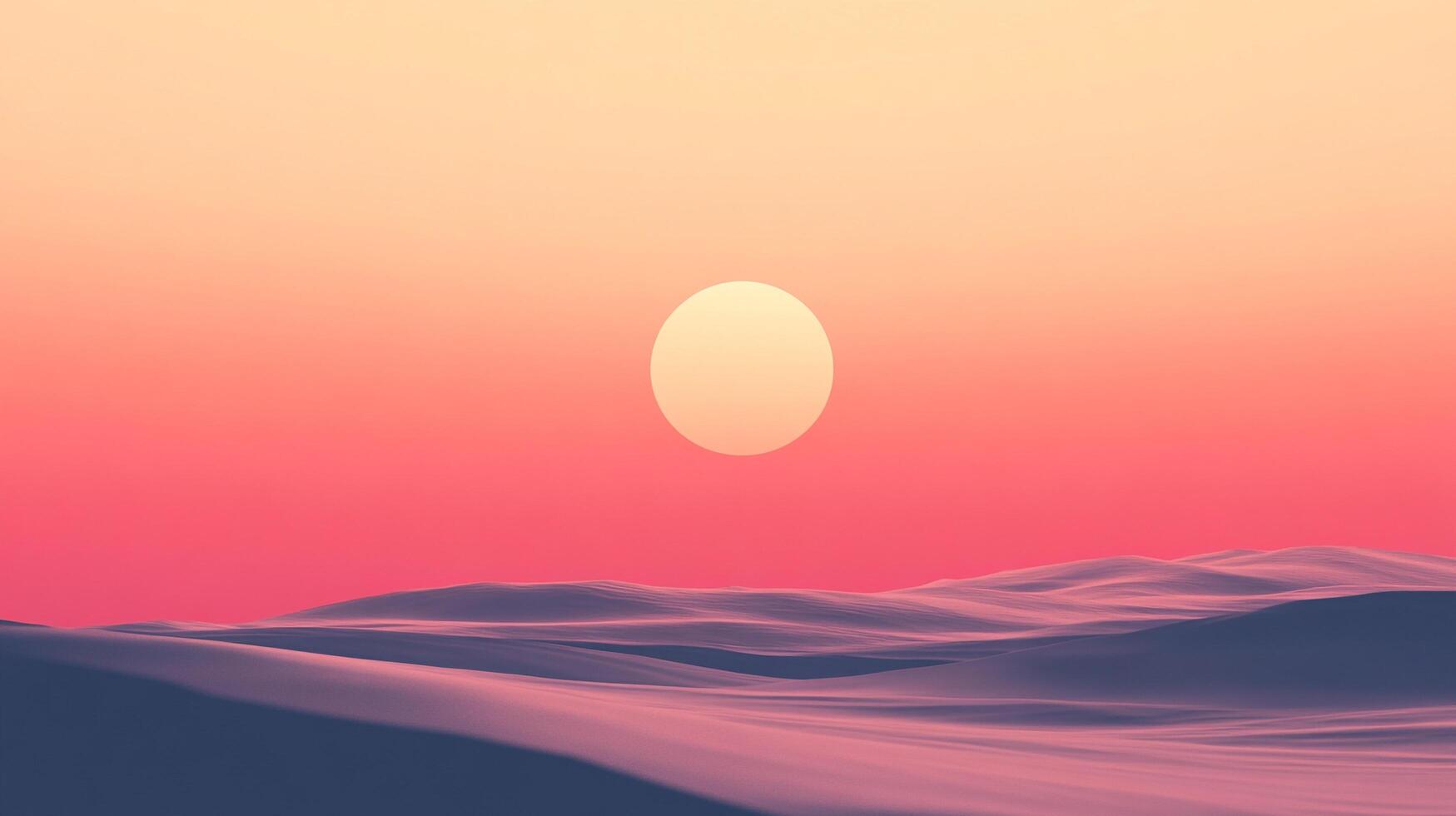 Desert landscape with a pastel sunset. The sun is setting behind the dunes, casting a warm glow on the sand. Minimalist and dreamy. photo