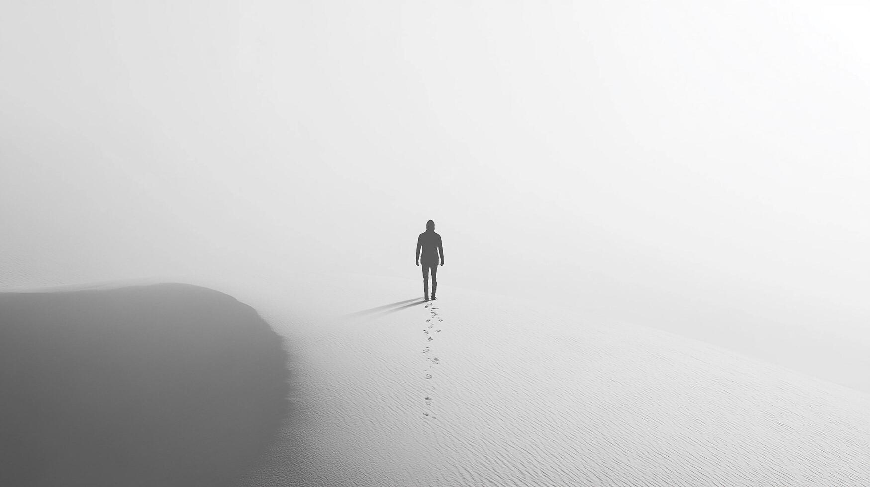 Solitary figure walking across a vast expanse, leaving footprints in the sand, disappearing into the bright, minimalist landscape. photo