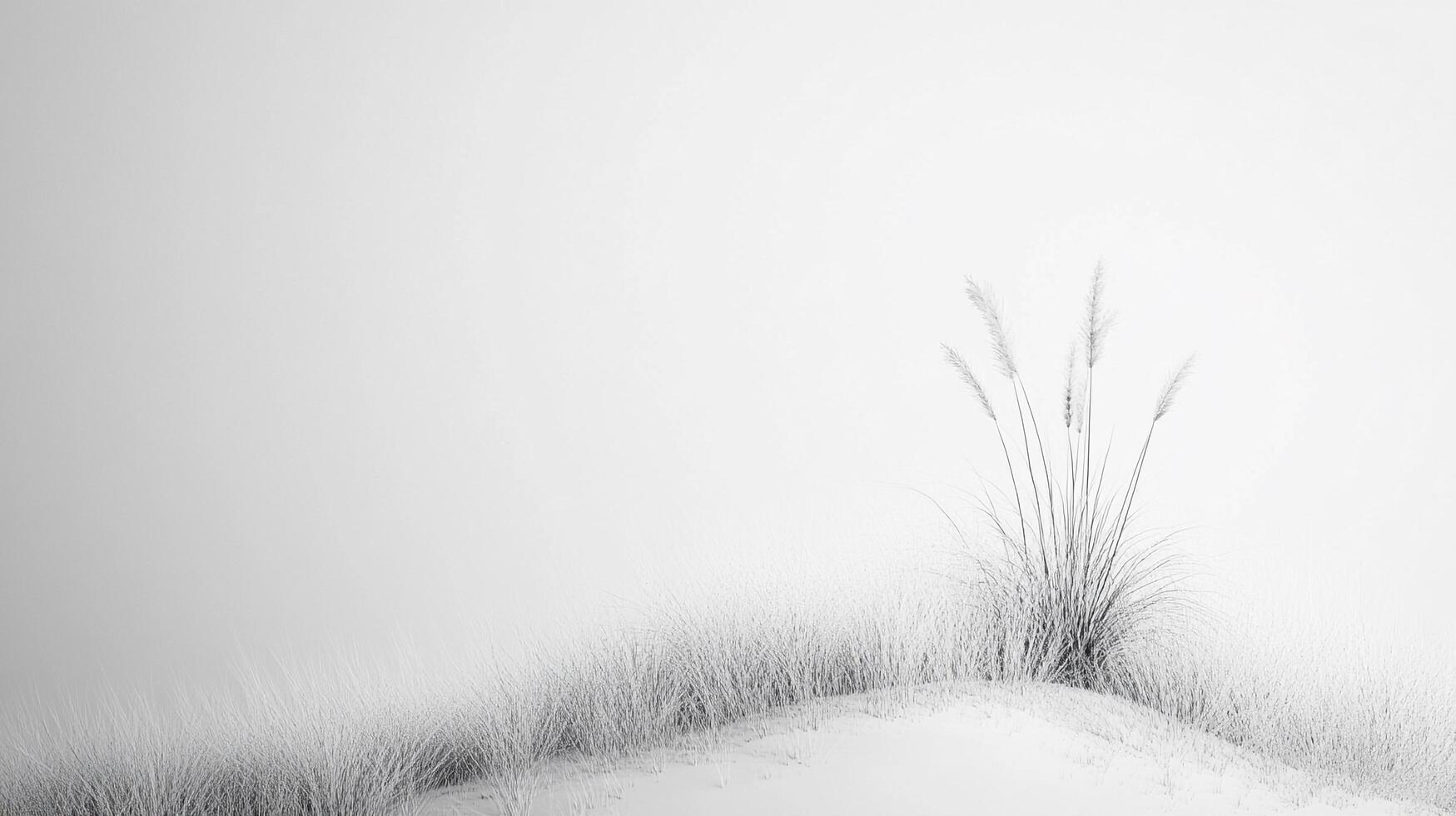 Minimalist monochrome landscape with delicate pampas grass, soft dunes, and ethereal light evokes peacefulness and natural beauty. photo