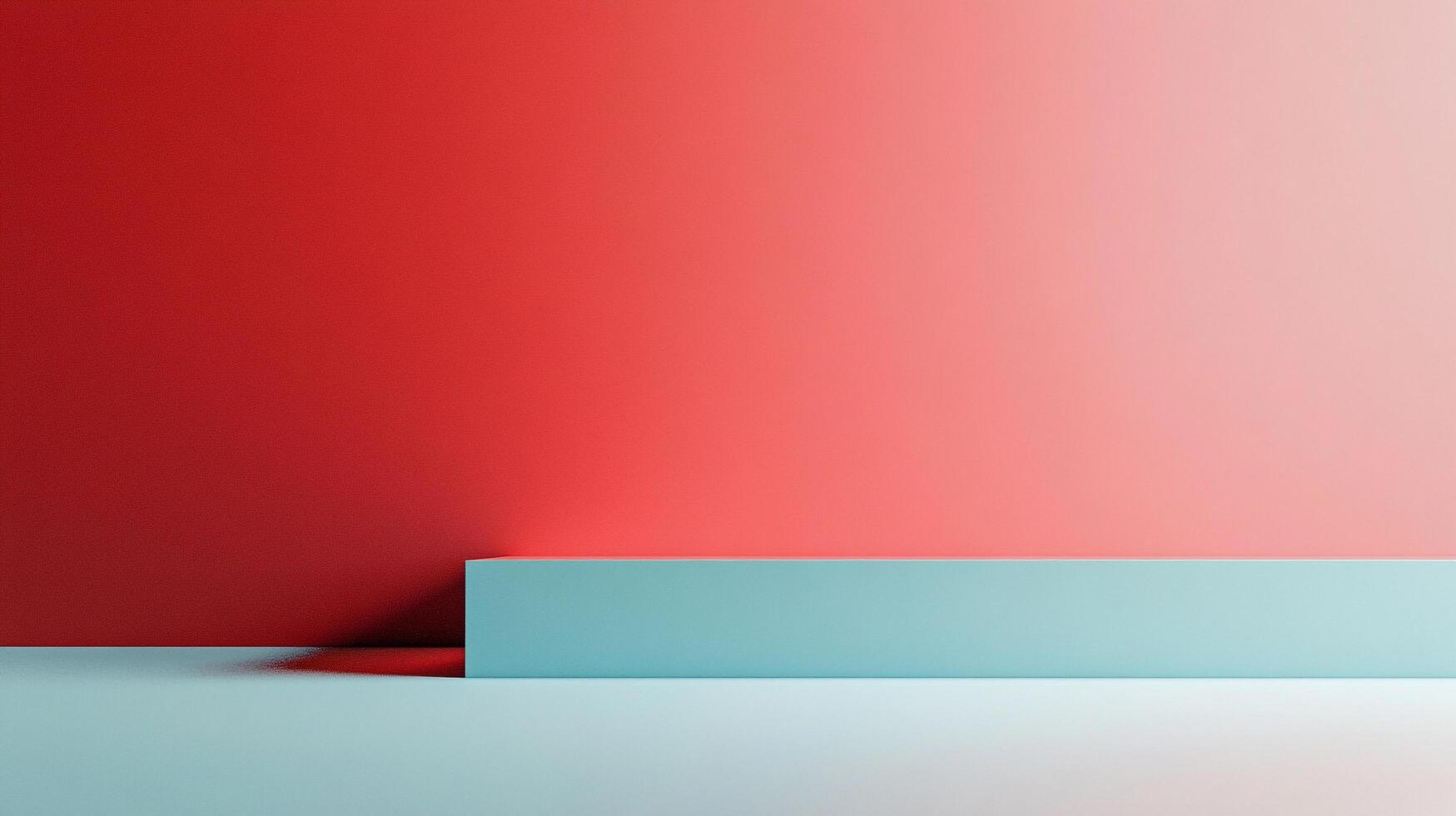 Minimalist scene featuring a blue platform against a vibrant red backdrop, casting a soft shadow on a bright, clean surface. photo