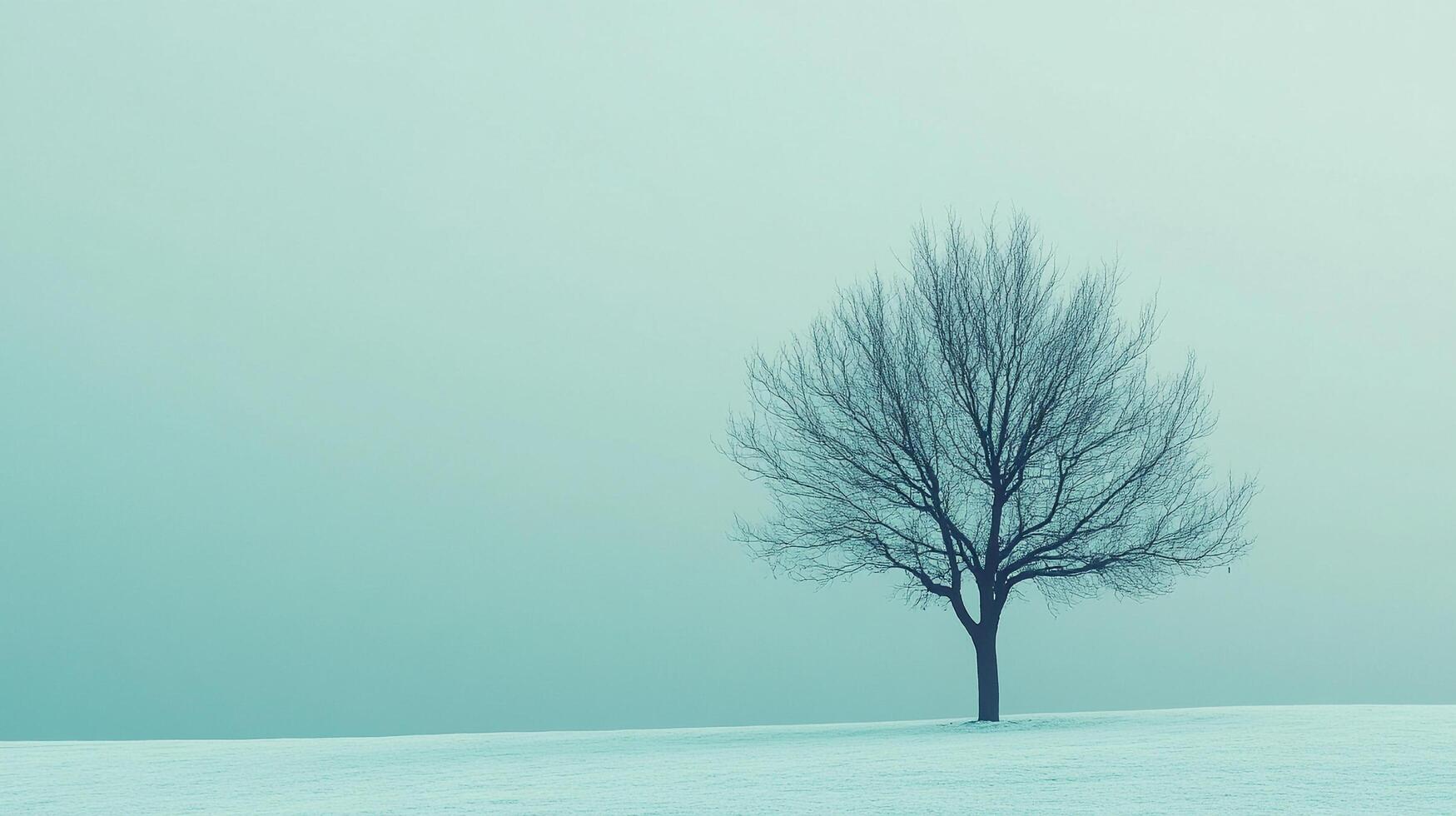 A lone, leafless tree stands prominently in a desolate winter landscape, under a soft, diffused light. The color grading is cool and muted. photo
