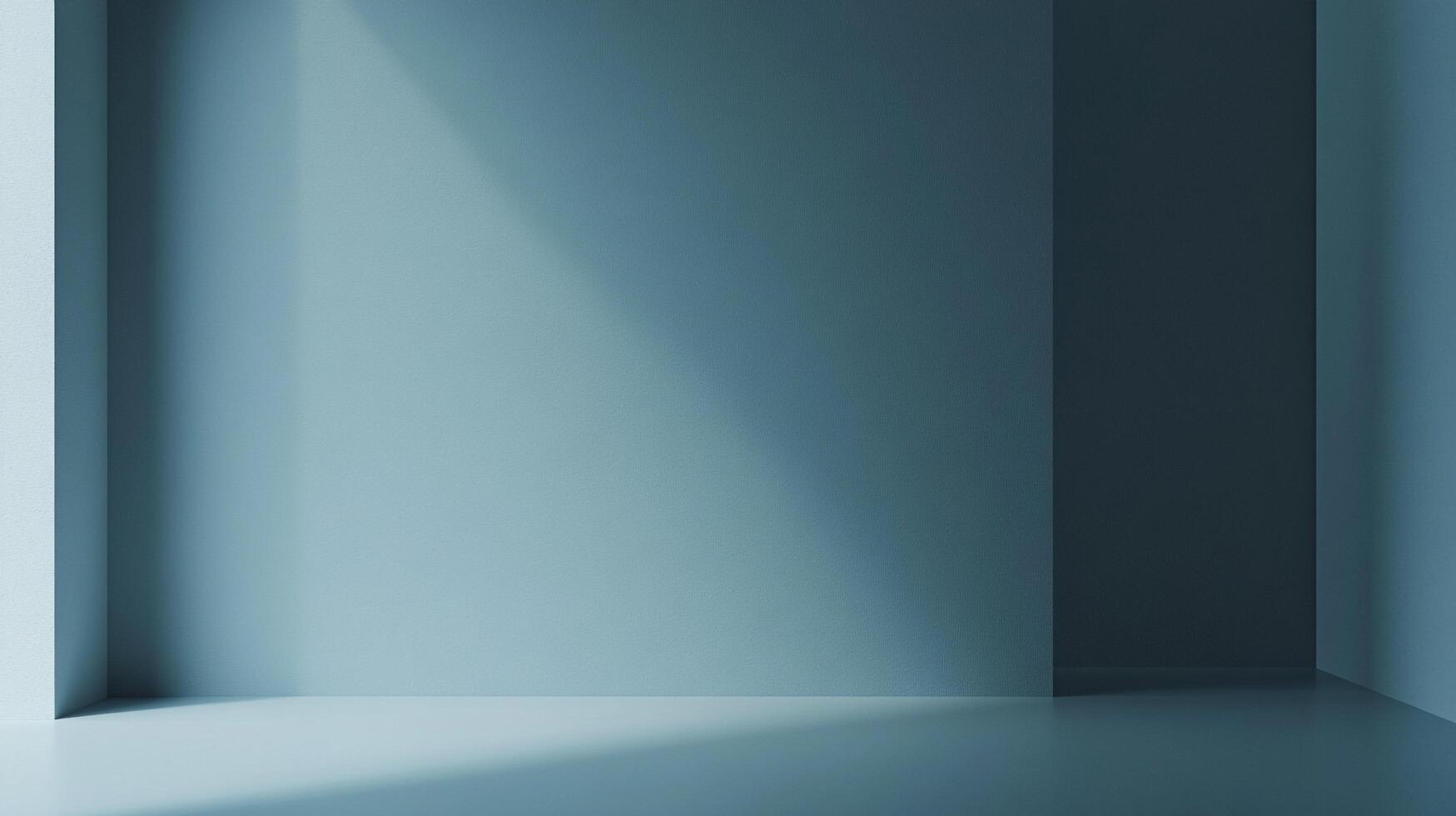 Abstract architectural shot of an empty room bathed in soft, natural light, showcasing cool blue tones and geometric shapes. photo