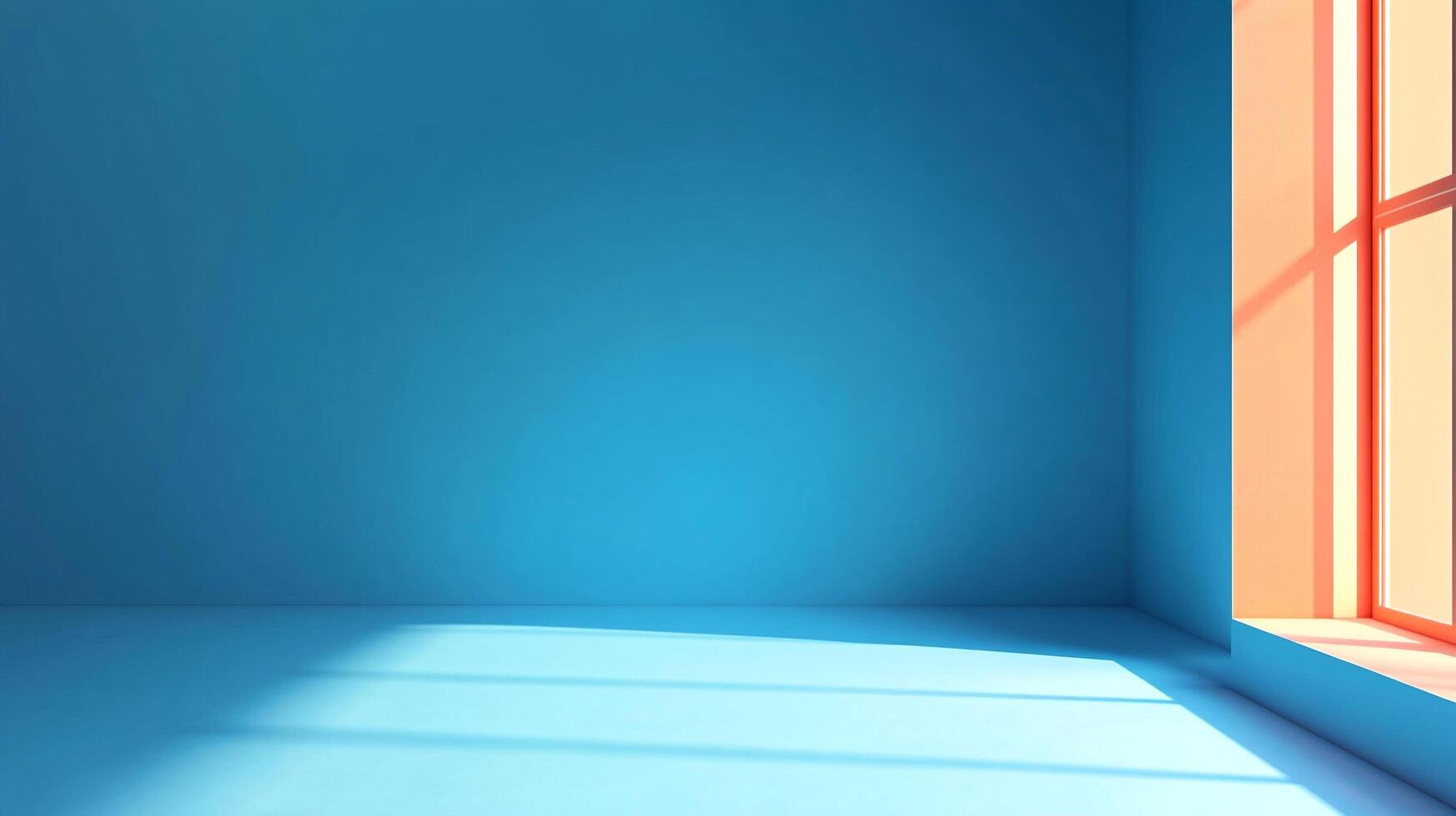 Sunlight streams through a window, casting light patterns on a turquoise wall and floor, creating a tranquil and inviting atmosphere. photo