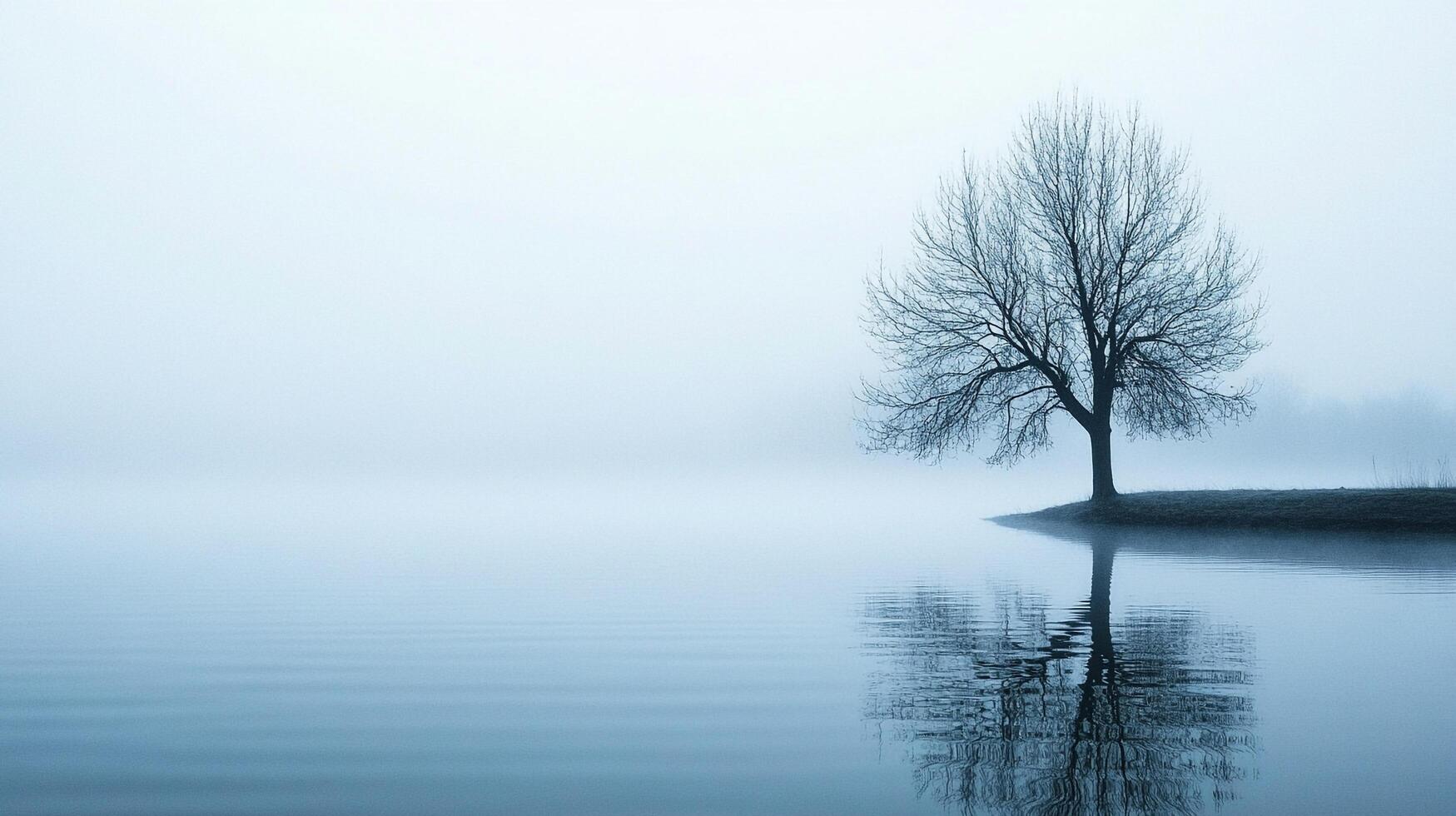Solitary tree reflecting on calm waters under a hazy sky, creating a serene and peaceful atmosphere. Reflection in the water. photo