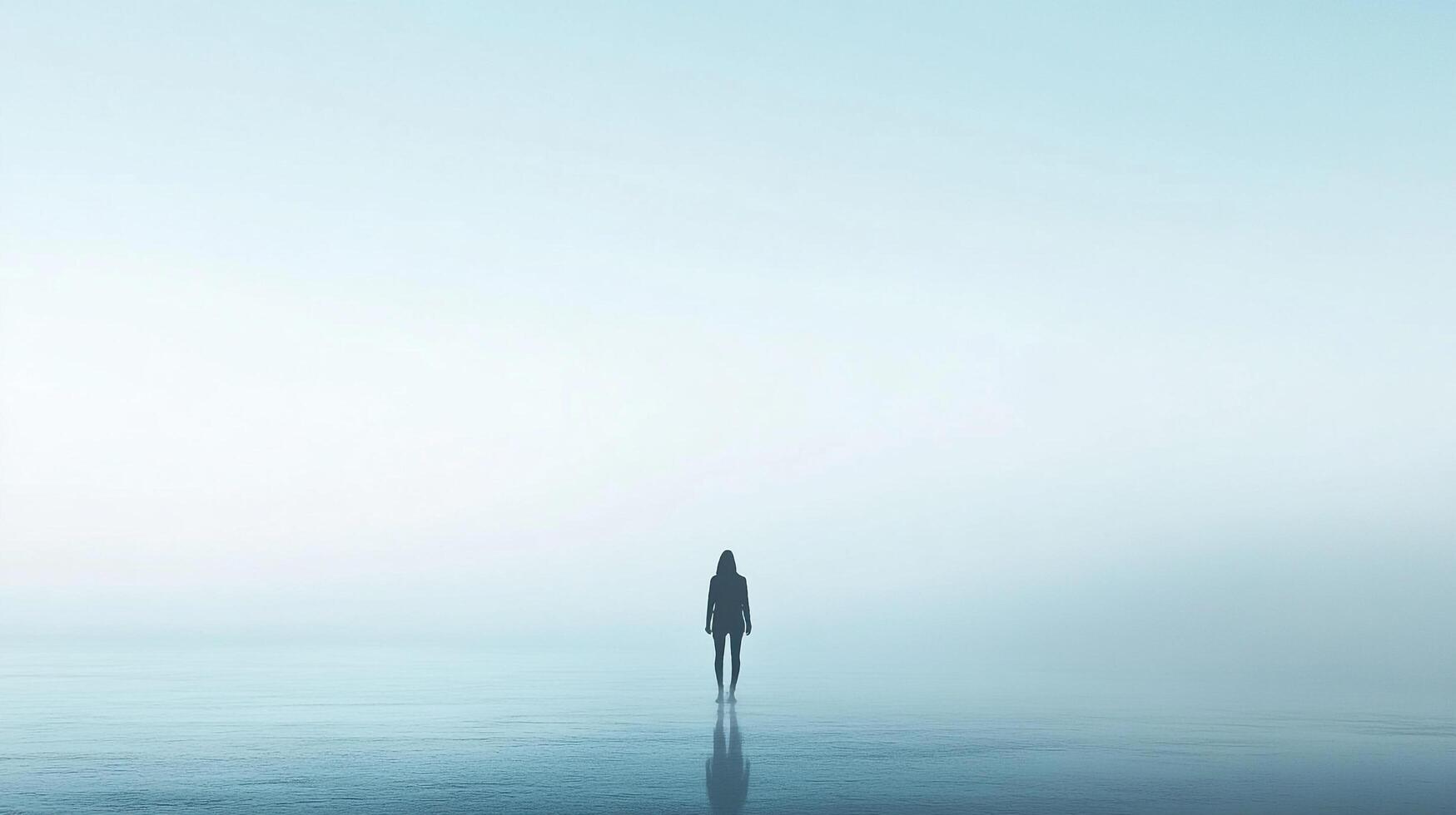 Solitude on the water's edge, a solitary figure stands gazing into the distance, blending with the misty horizon in serene introspection. photo