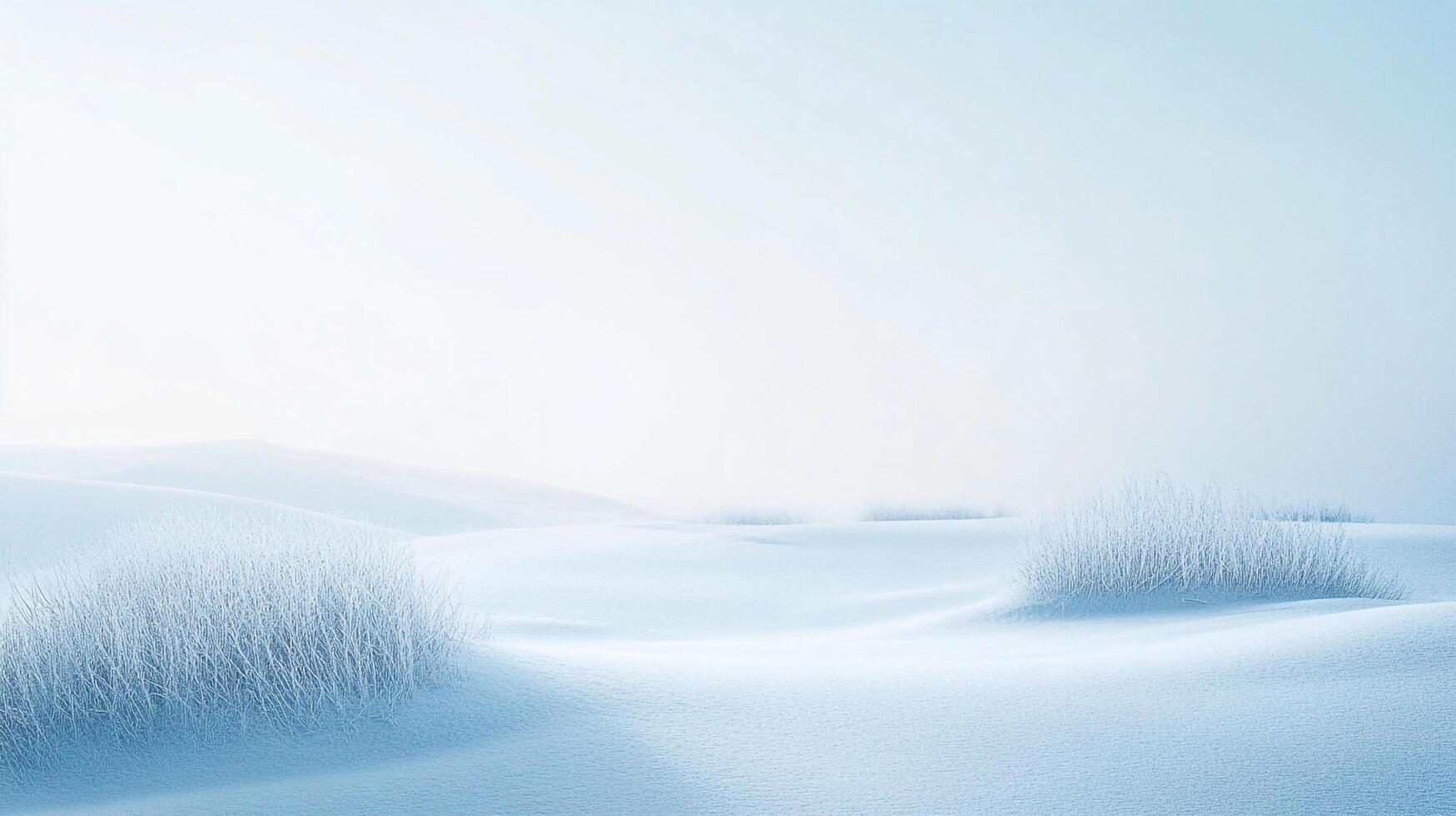 Snow-covered landscape with delicate grass tufts, creating a serene and ethereal winter scene in shades of white and pale blue. photo