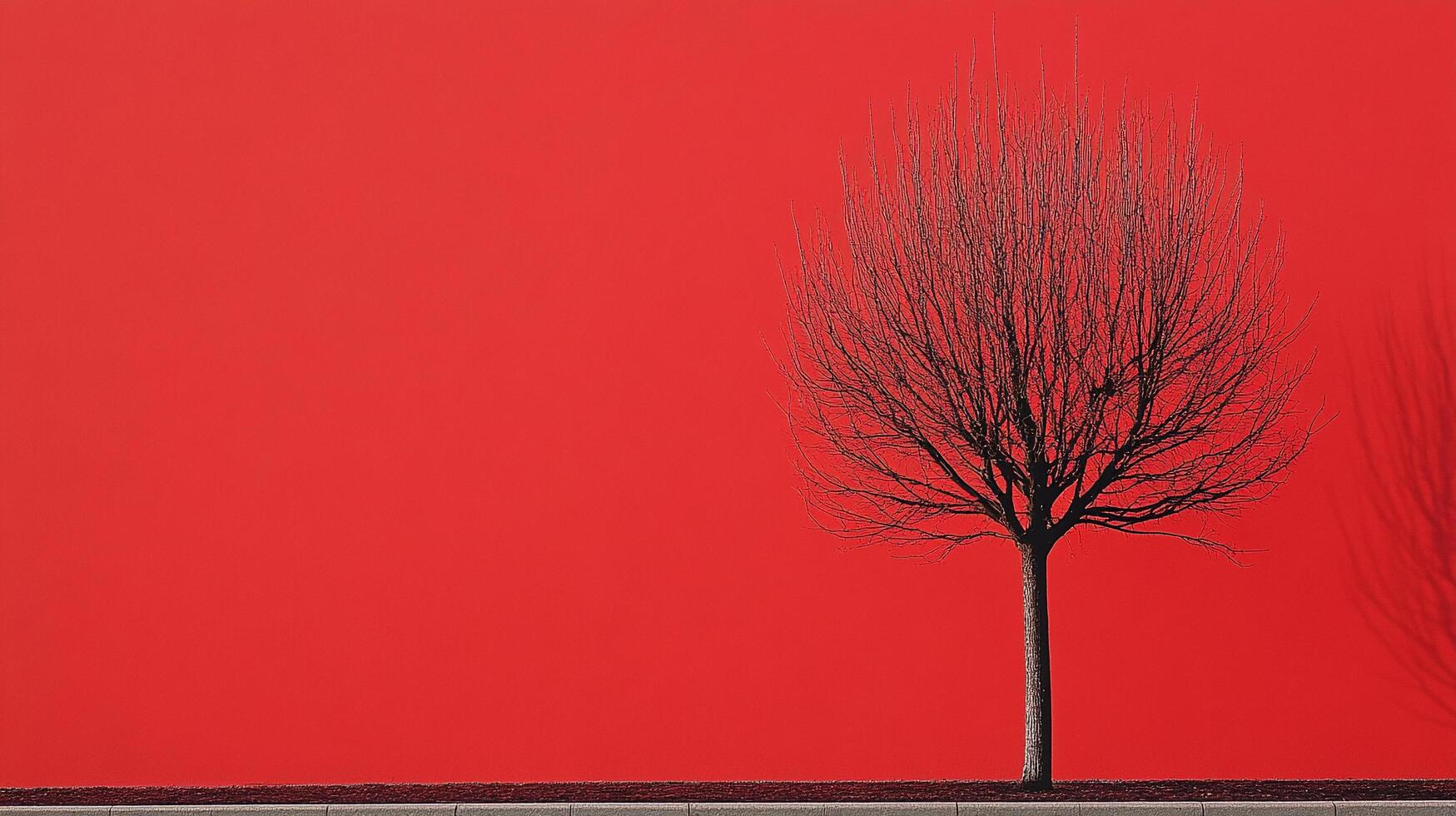 Lone tree silhouette against a vibrant red backdrop, creating a striking minimalist contrast and artistic modern starkness. photo